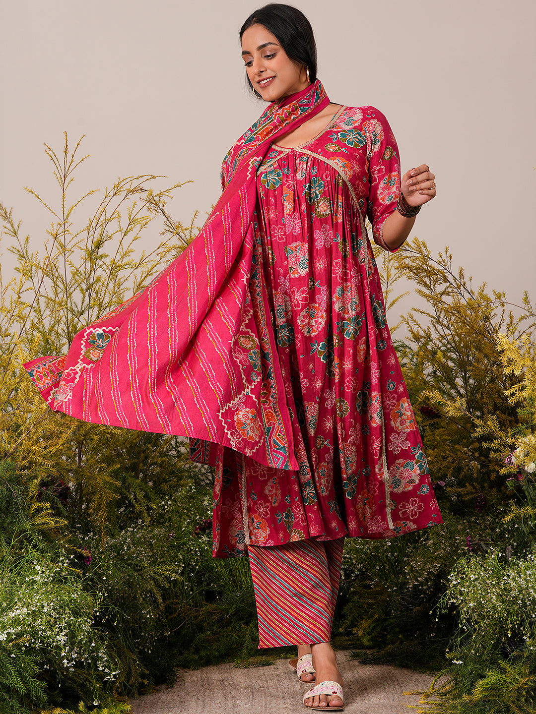 Pink Printed Silk Blend A-Line Kurta With Palazzos & Dupatta