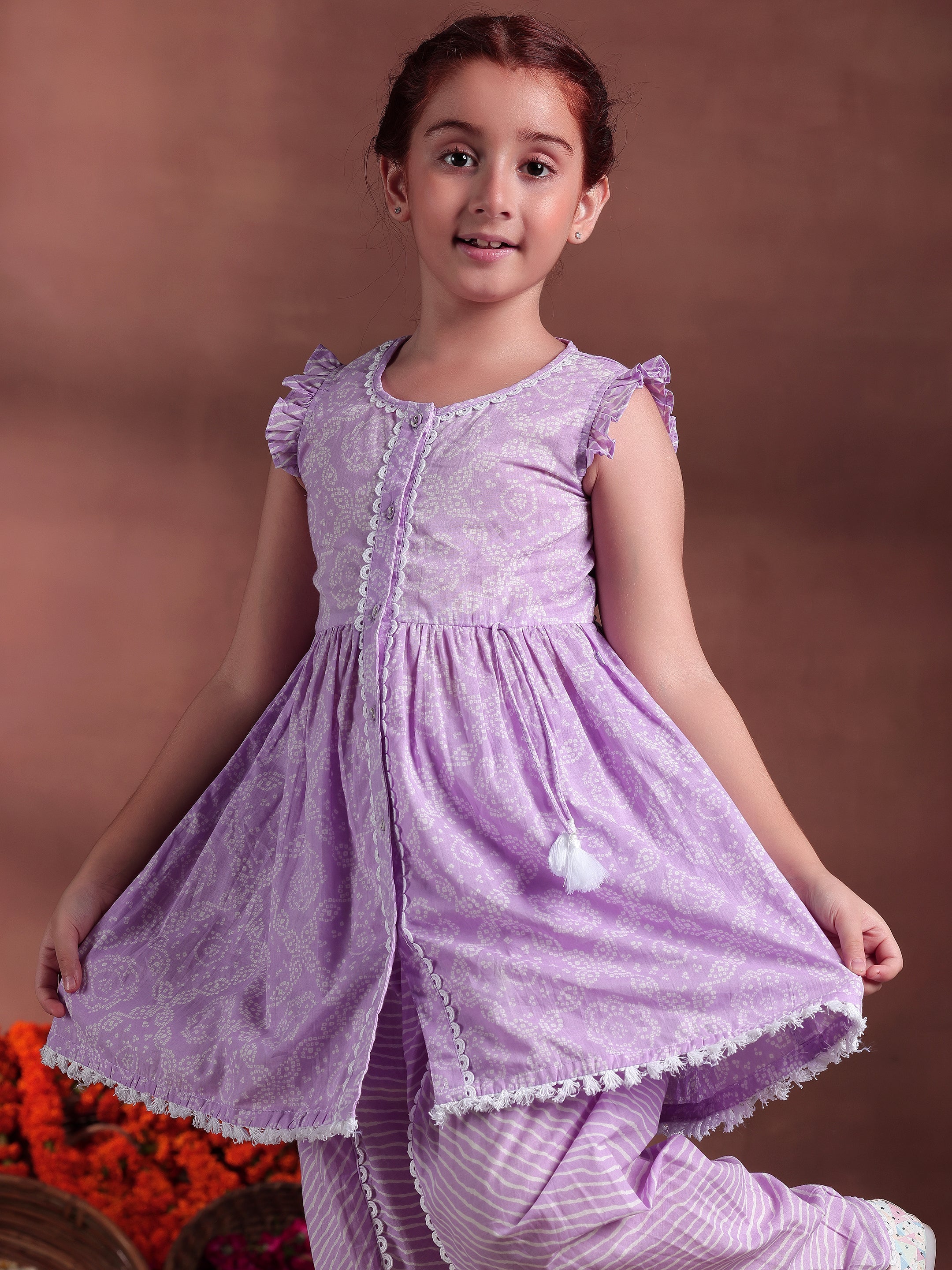 Kids Purple Printed Cotton Straight Suit With Dupatta