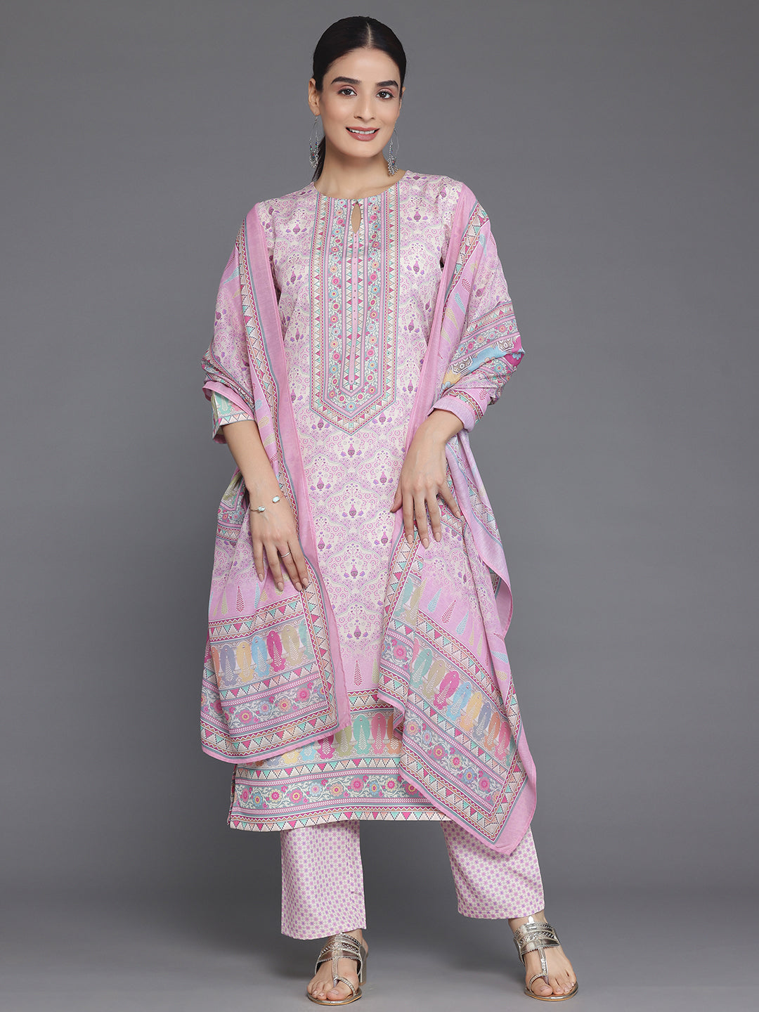 Pink Printed Poly Crepe Straight Suit With Dupatta