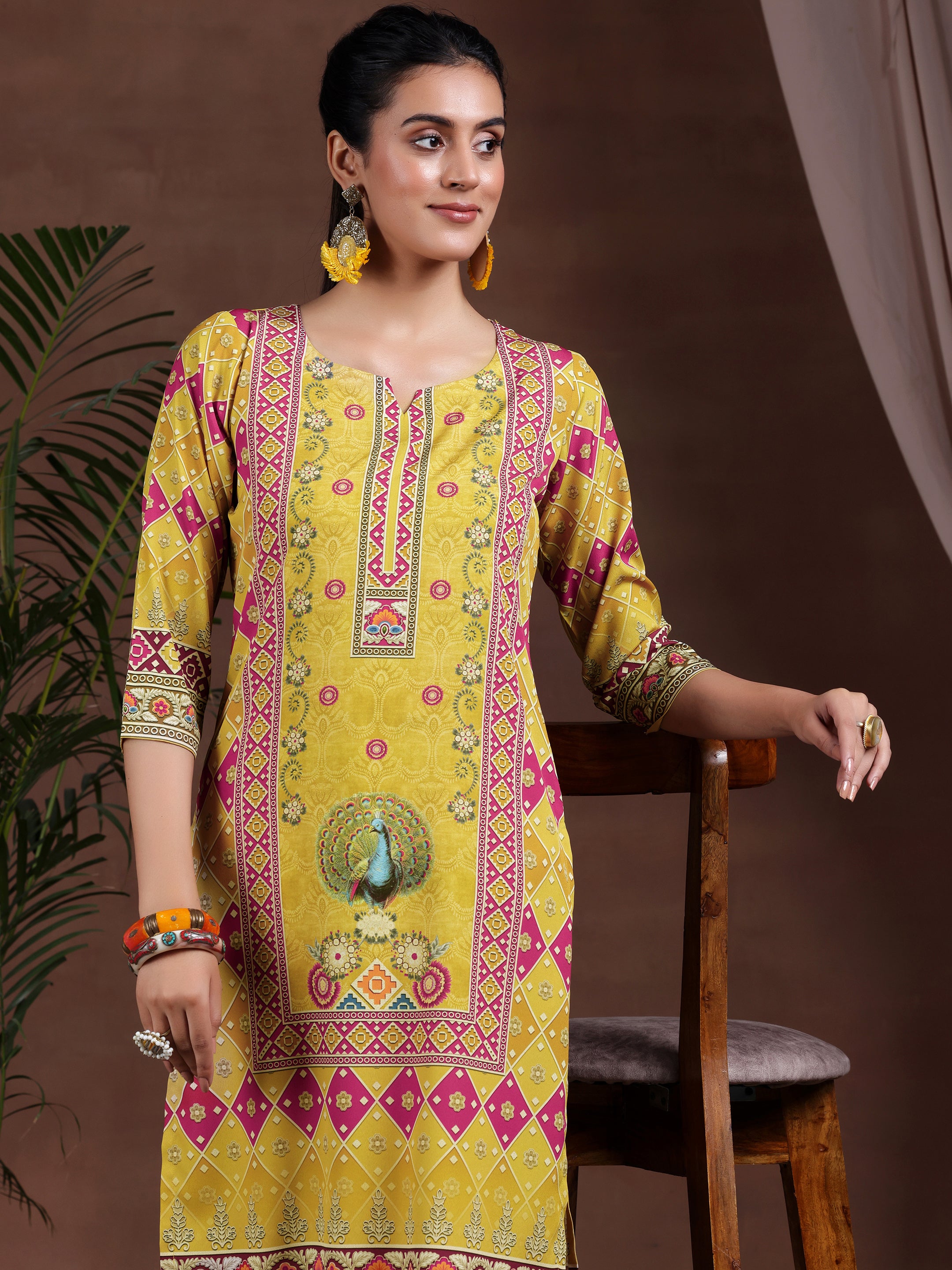 Mustard Printed Poly Crepe Straight Suit With Dupatta