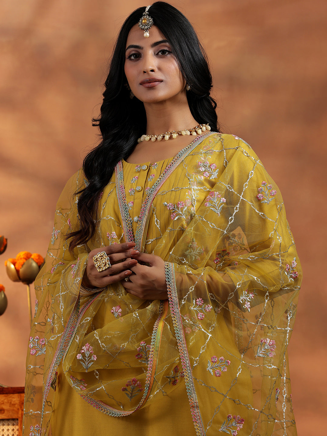 Mustard Yoke Design Silk Blend Straight Suit With Dupatta