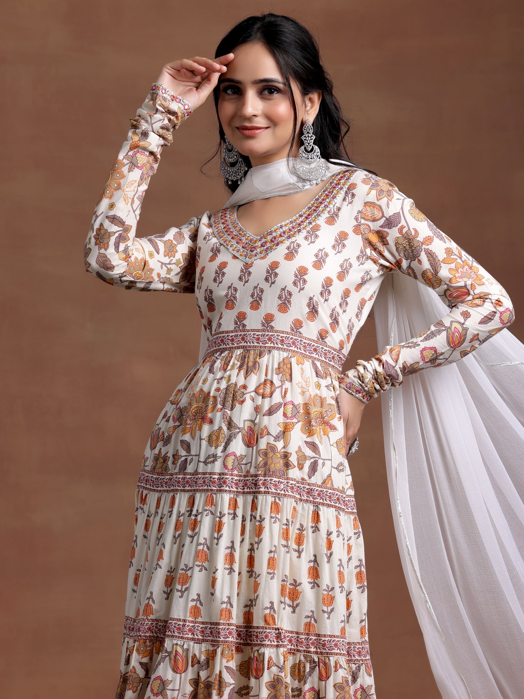 Off white Printed Cotton A-Line Kurta With Palazzos & Dupatta