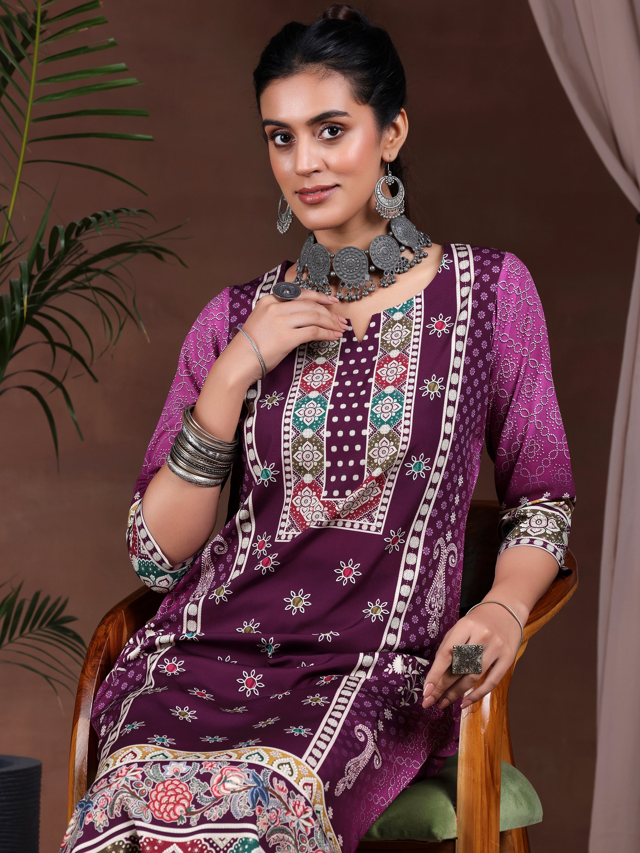 Wine Printed Poly Crepe Straight Suit With Dupatta