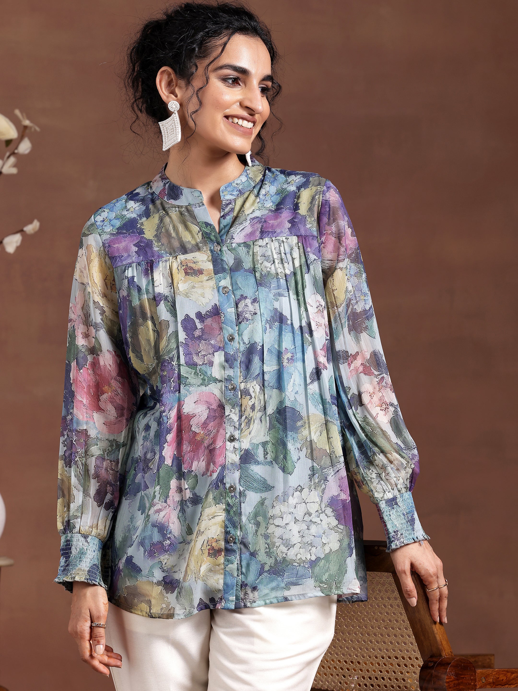 Blue Printed Chiffon A-Line Kurti