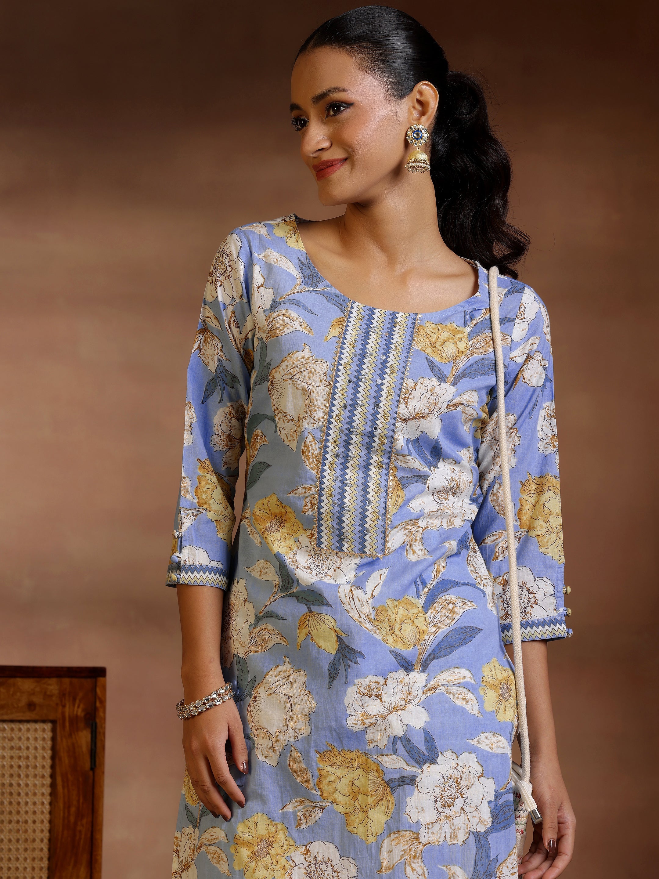 Blue Printed Cotton Straight Kurta Set