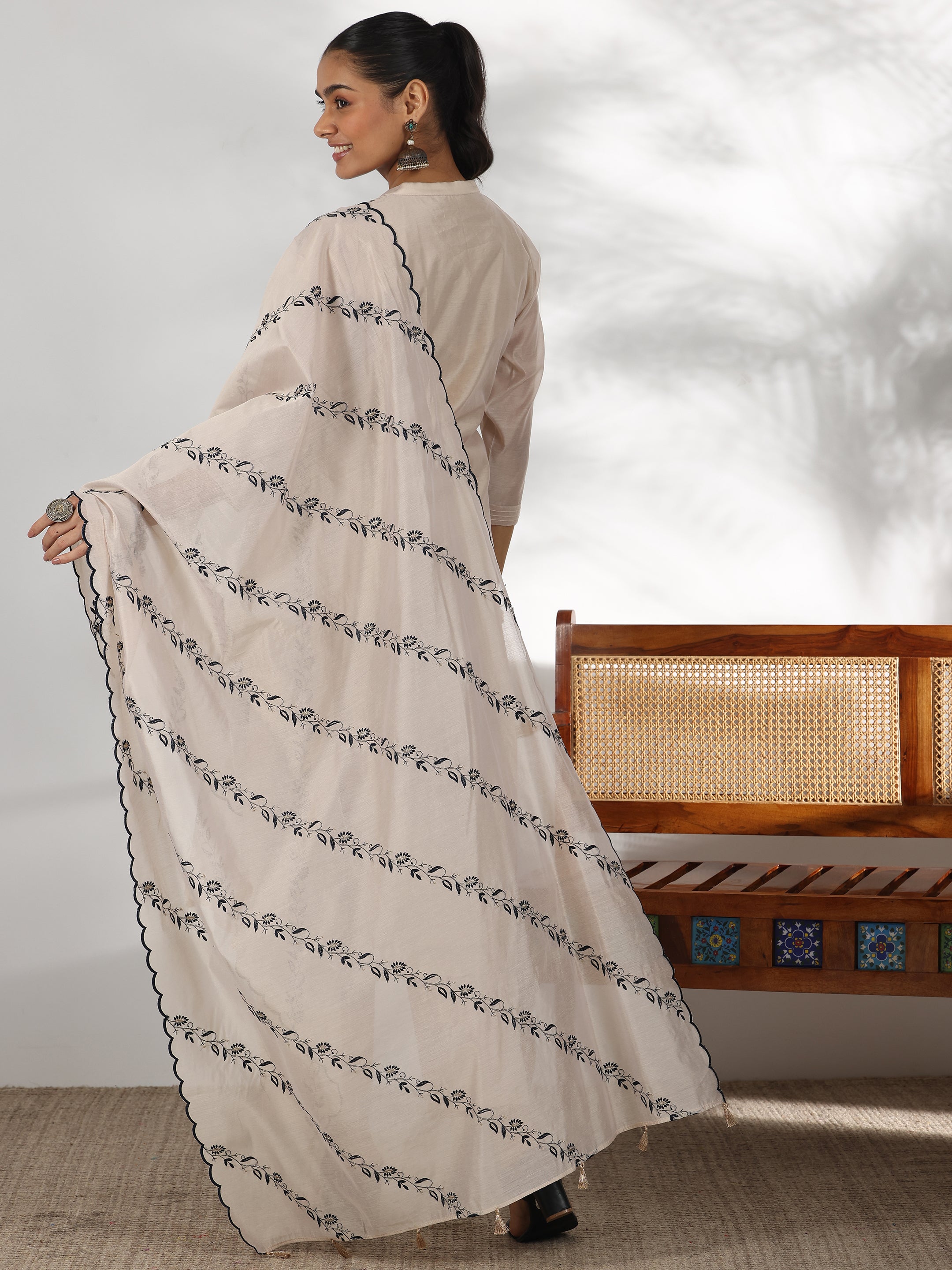 Beige Yoke Design Chanderi Silk Straight Suit With Dupatta