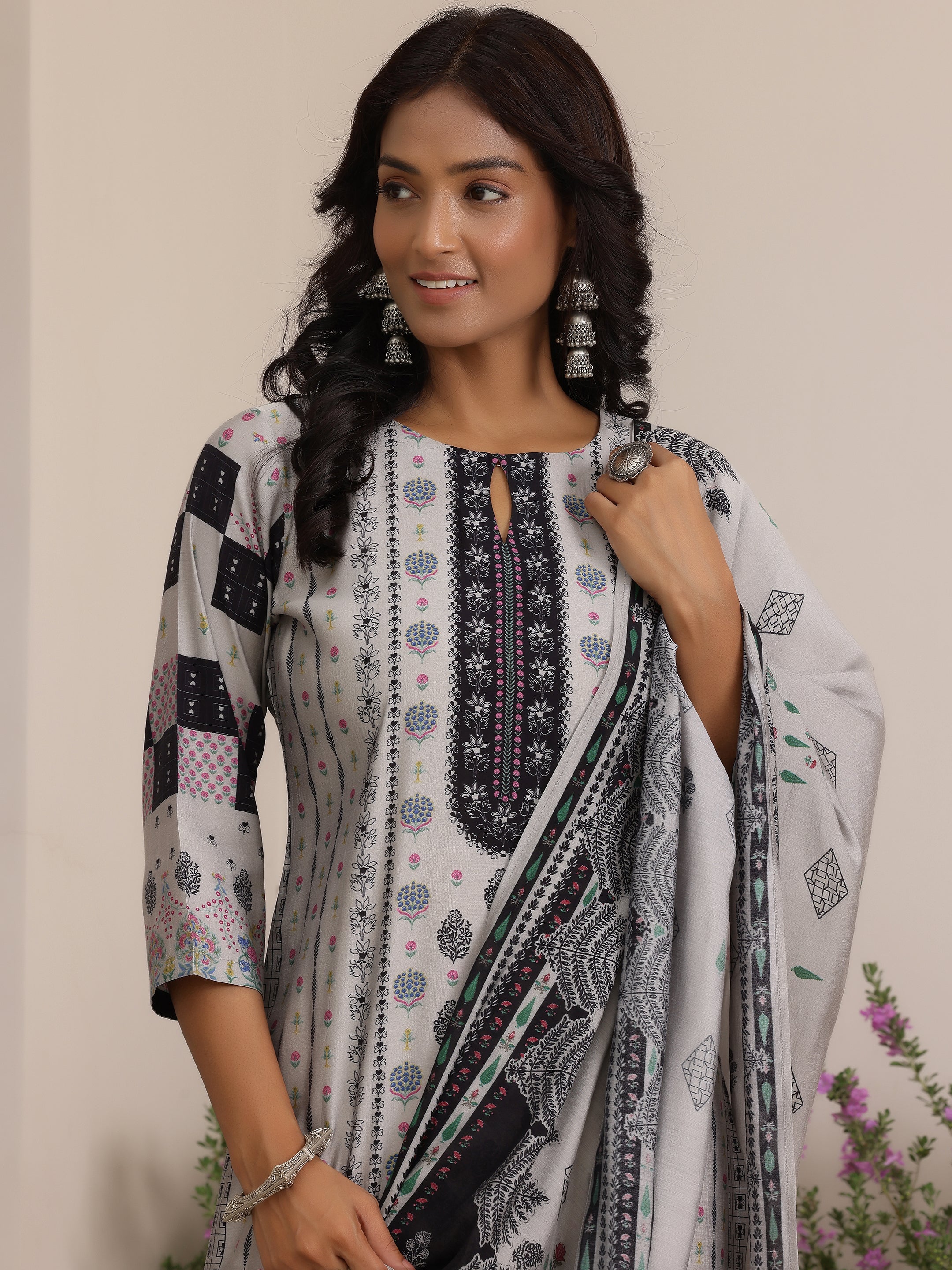 Grey Printed Silk Blend Straight Suit With Dupatta