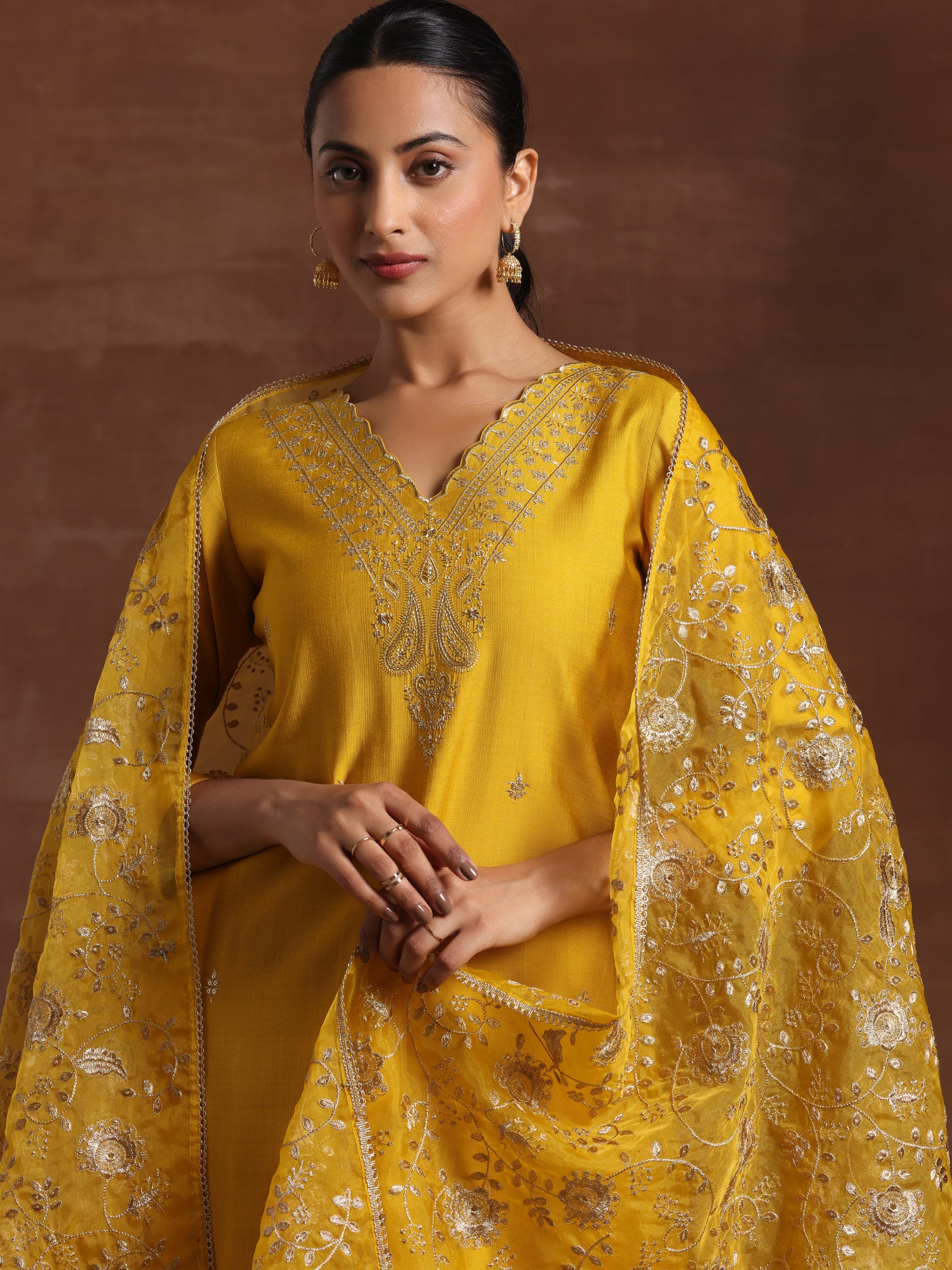 Mustard Embroidered Silk Blend Straight Suit With Dupatta