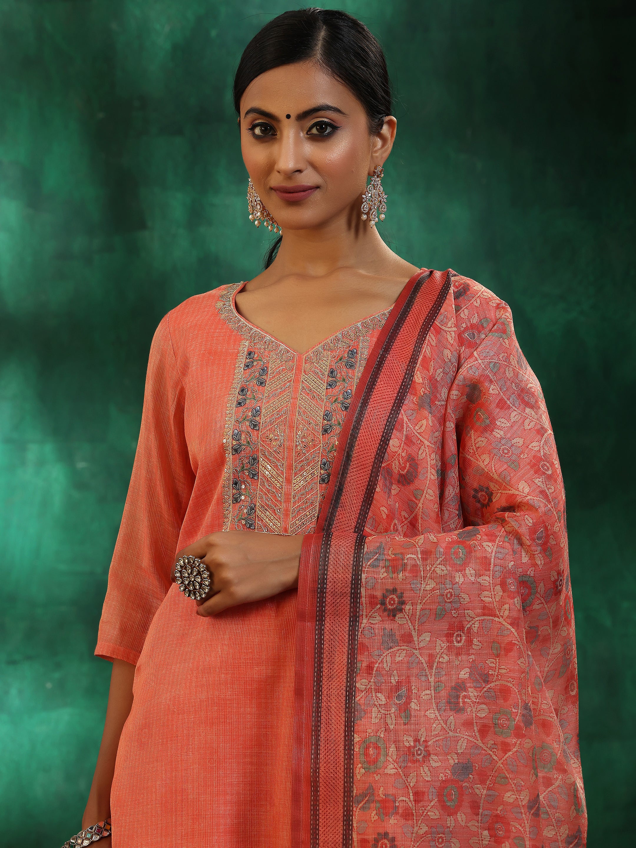 Peach Yoke Design Silk Blend Straight Suit With Dupatta