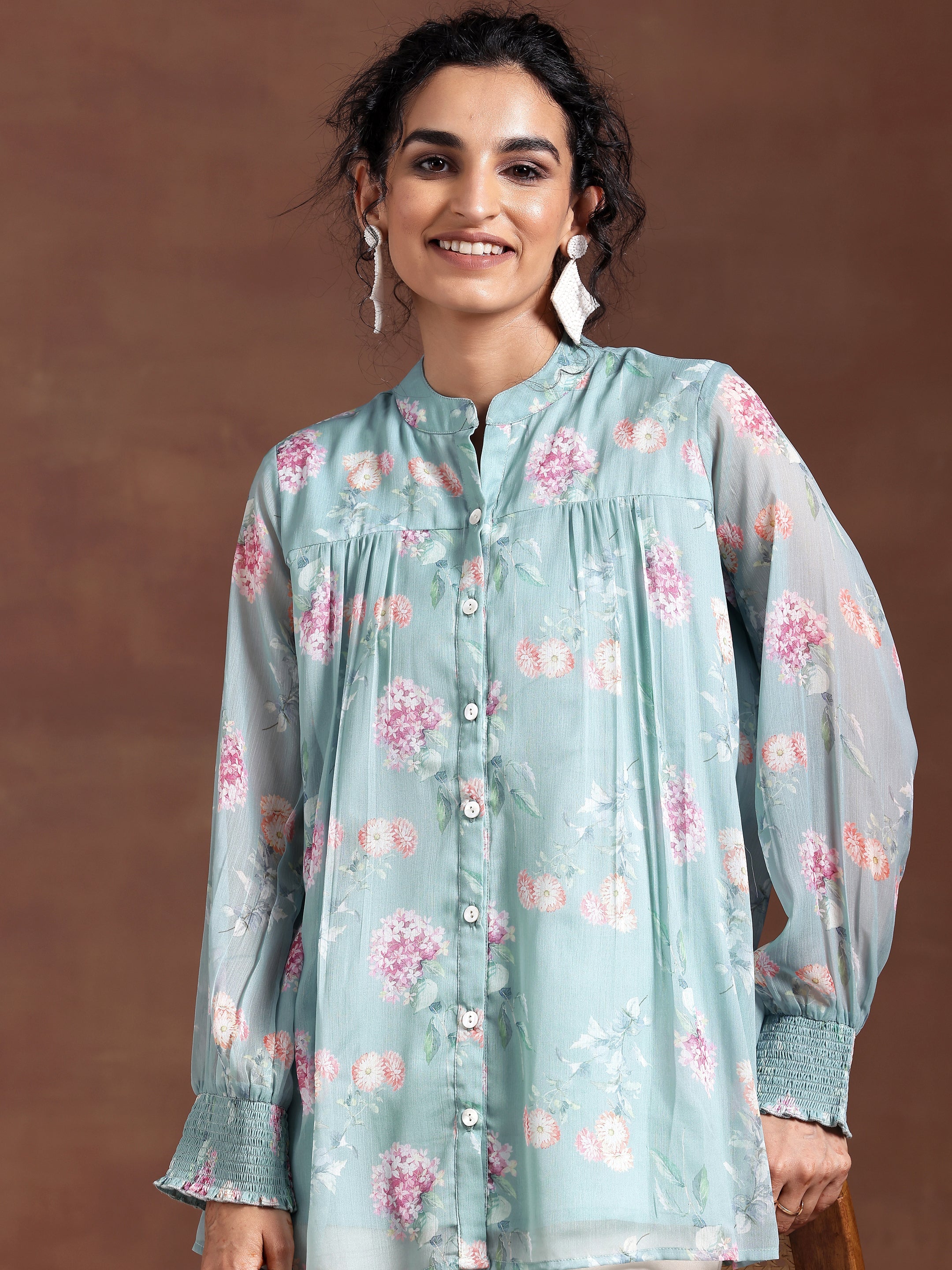 Blue Printed Chiffon A-Line Kurti