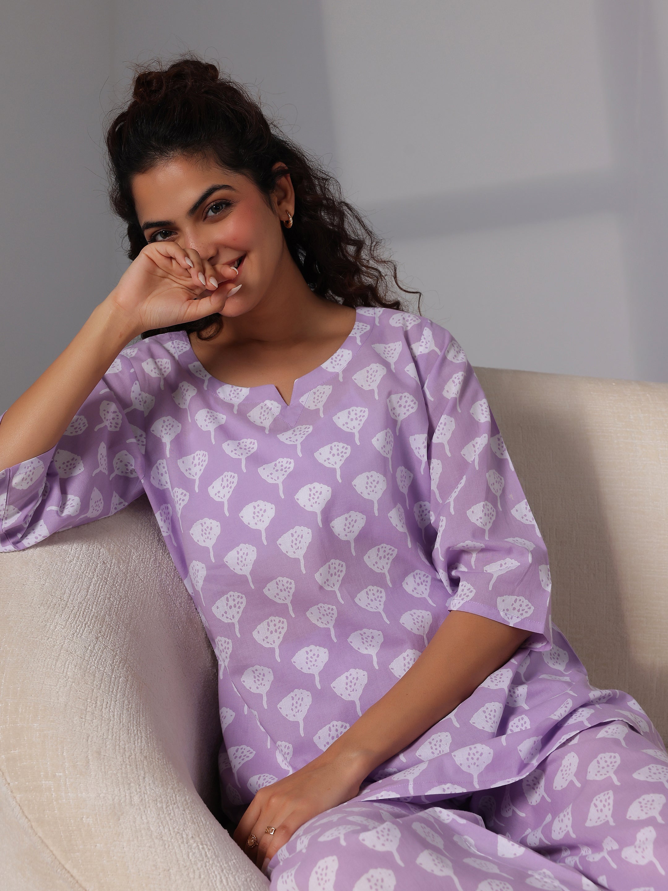 Lavender Printed Cotton Night Suits