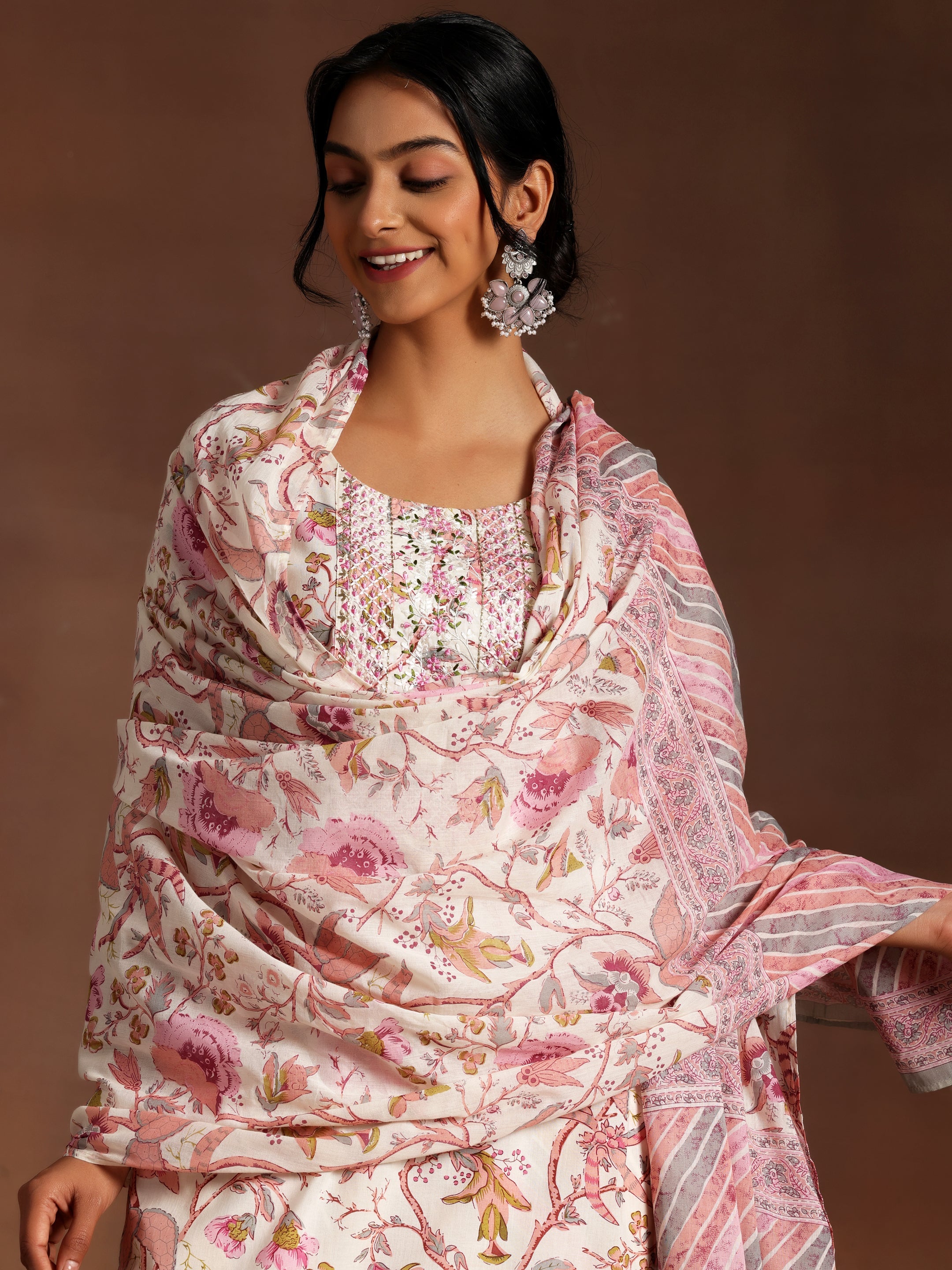 Pink Printed Cotton Straight Suit With Dupatta