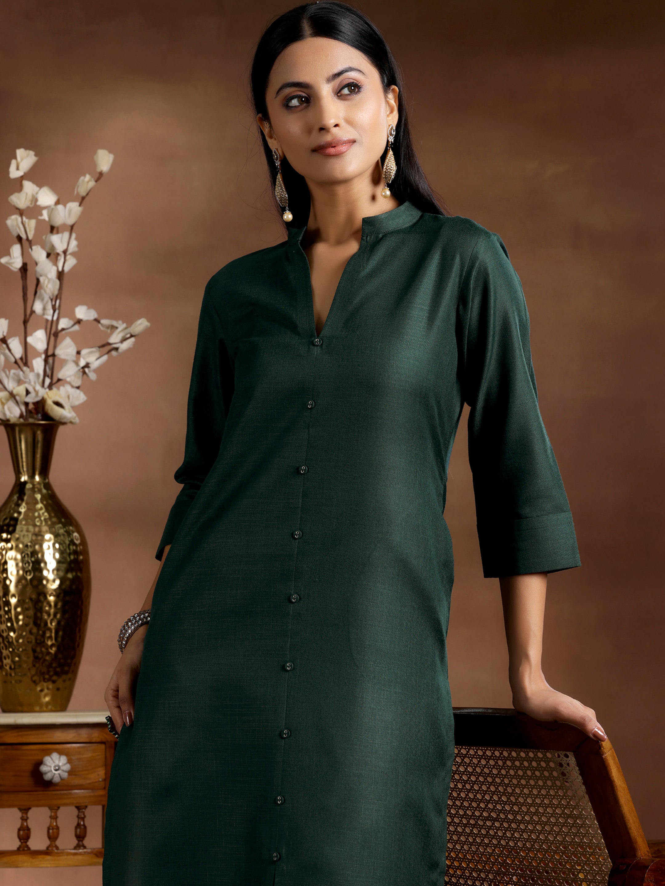 Green Solid Silk Straight Kurta