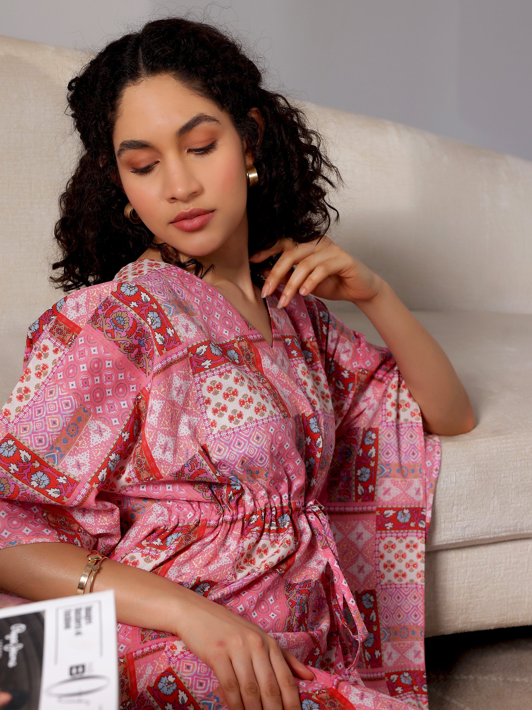 Pink Printed Cotton Kaftan Night Dress