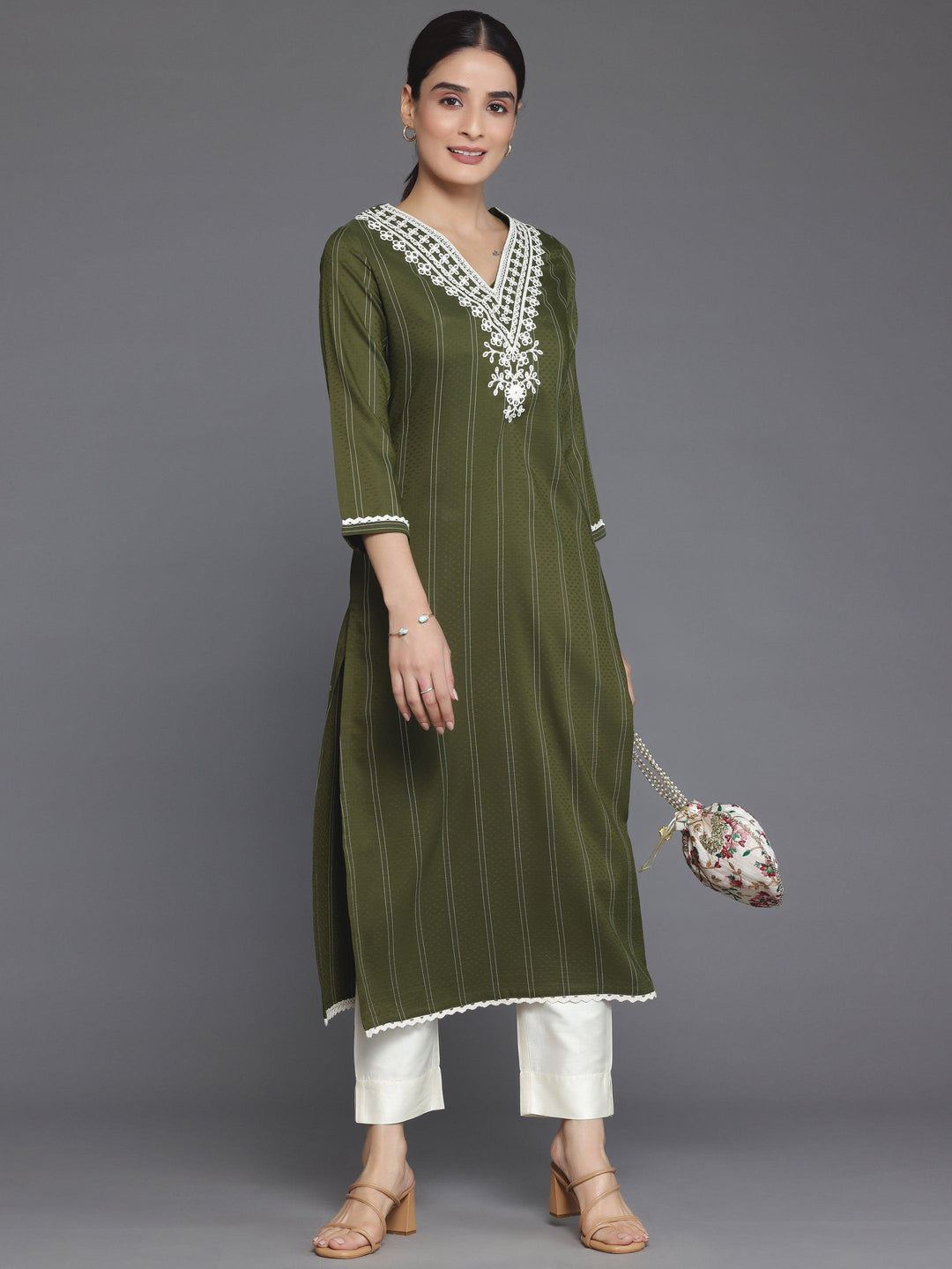 Olive Yoke Design Silk Straight Kurta