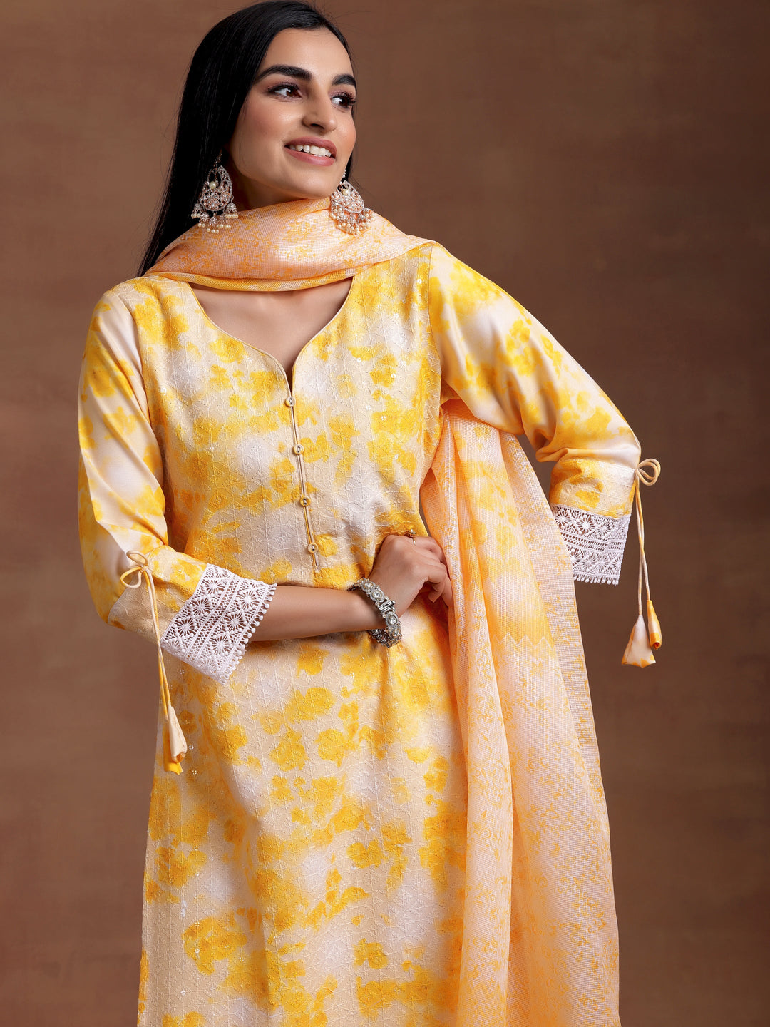 Yellow Embroidered Cotton Blend Straight Suit With Dupatta