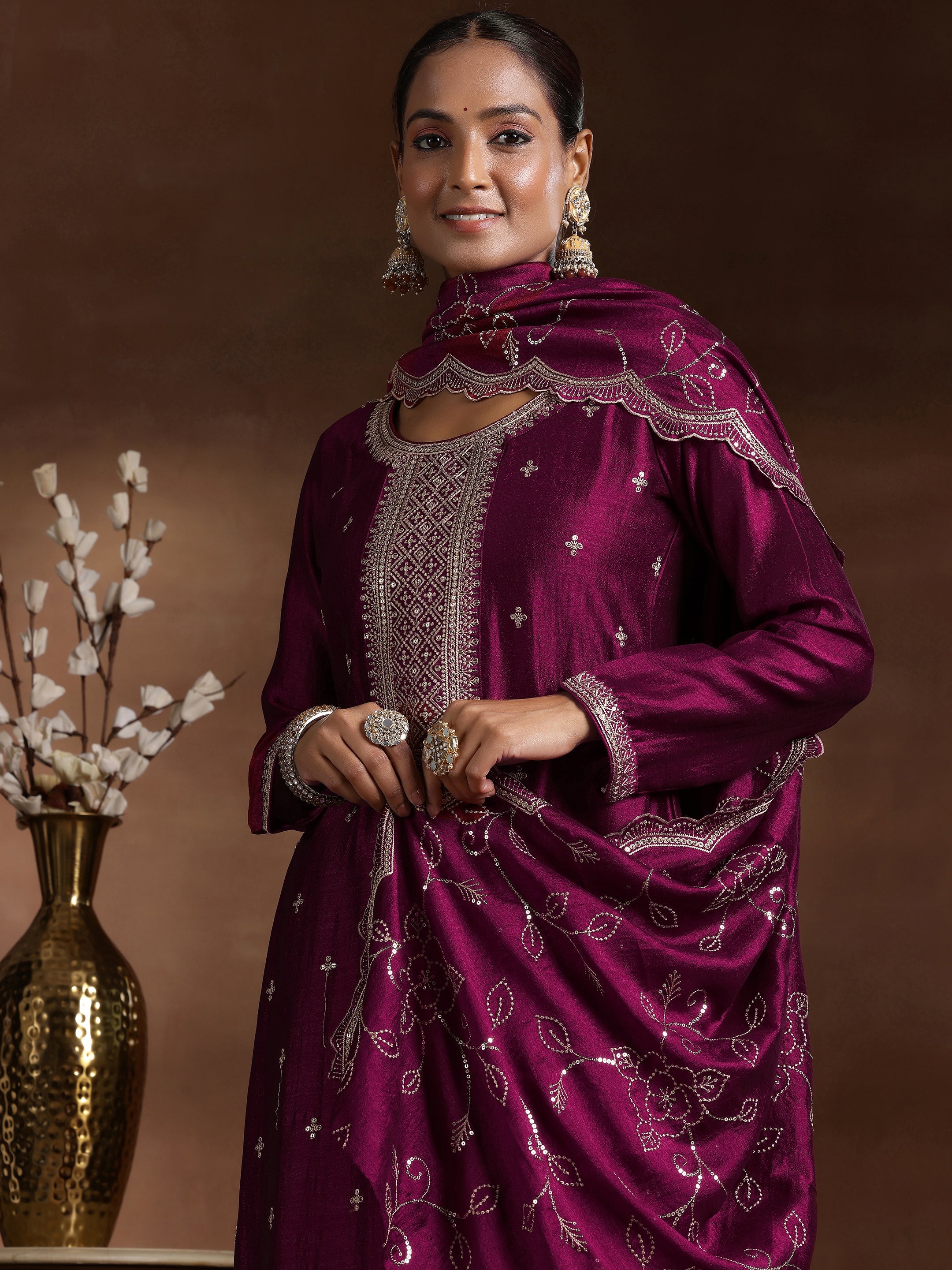 Wine Embroidered Silk Blend Straight Suit With Dupatta