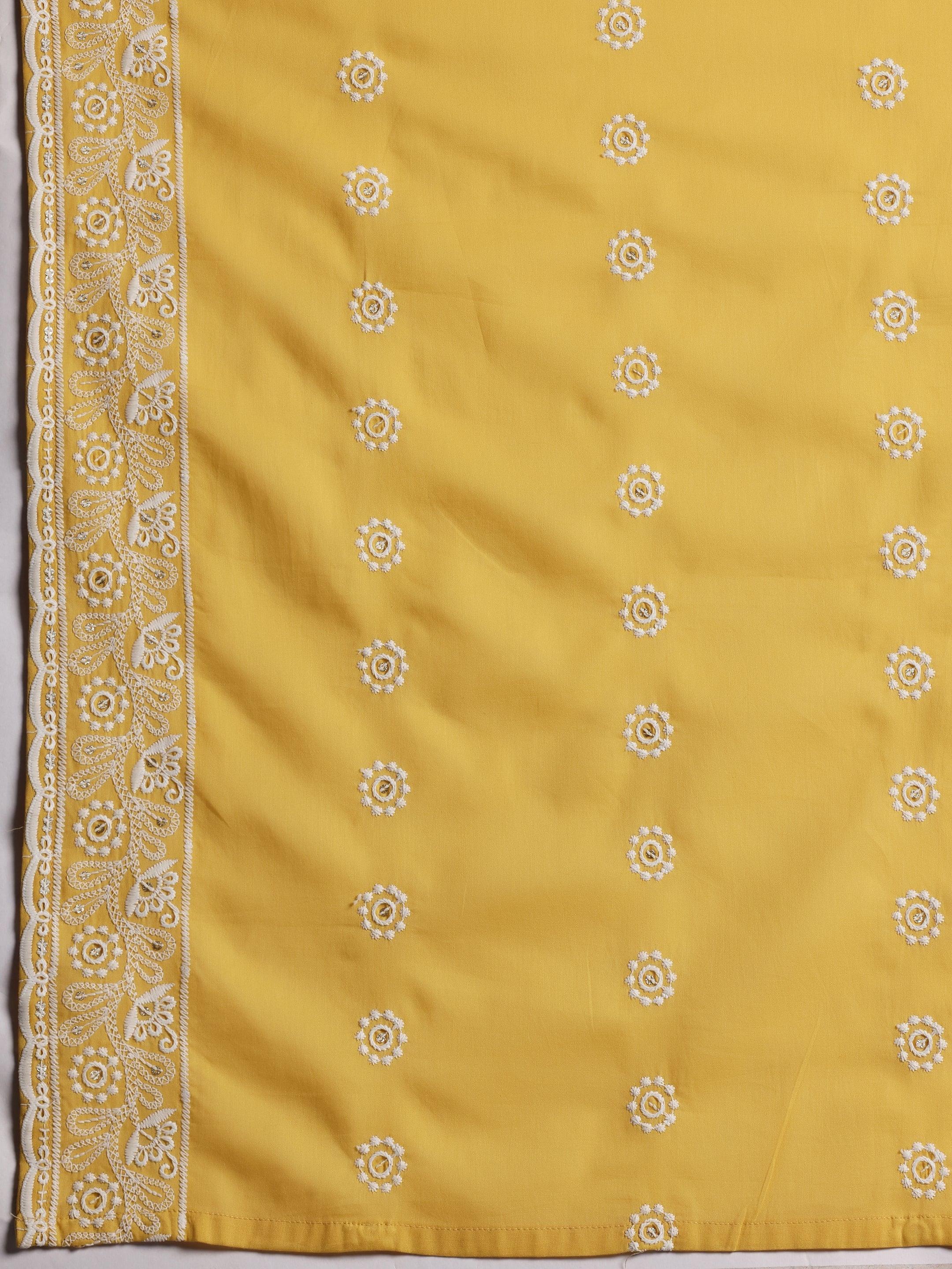 Mustard Embroidered Cotton Straight Suit With Dupatta