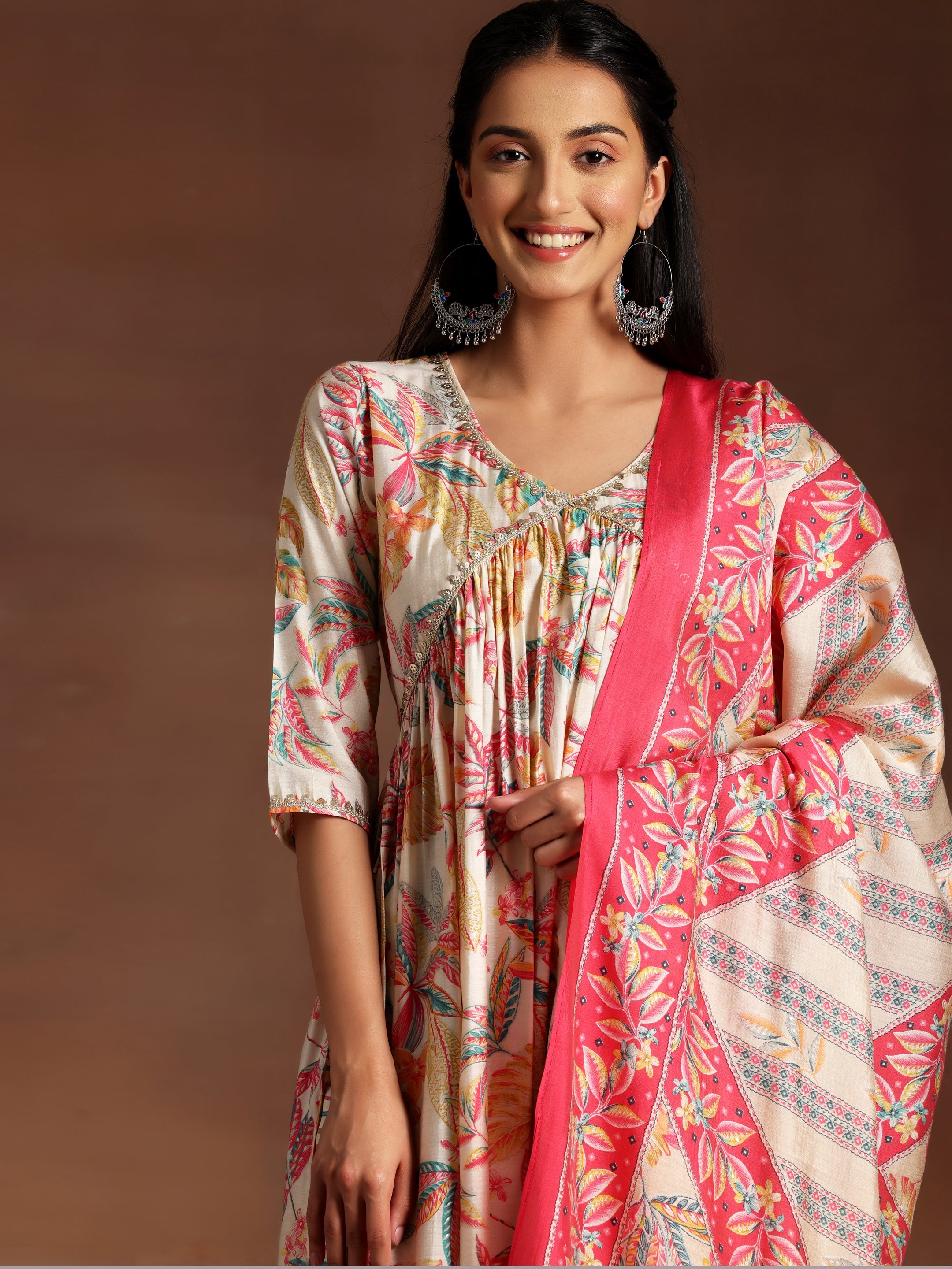 Off White Printed Silk Blend Straight Suit With Dupatta