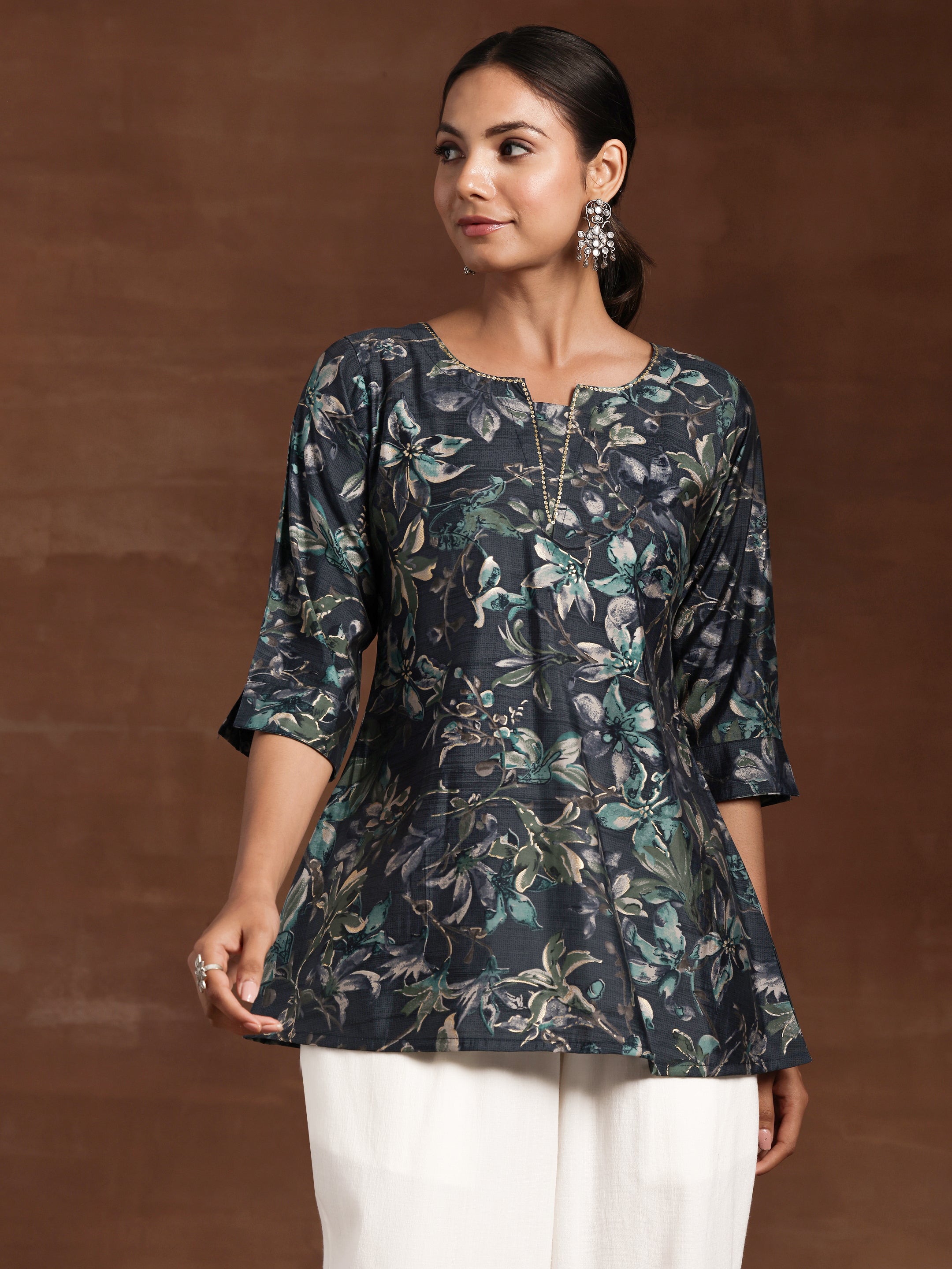 Grey Yoke Design Silk Blend A-Line Kurti