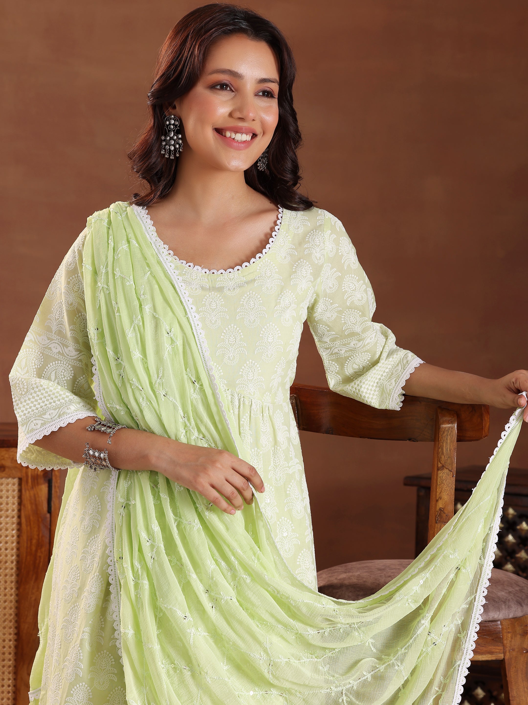 Green Embroidered Pure Cotton A-Line Kurta With Sharara & Dupatta