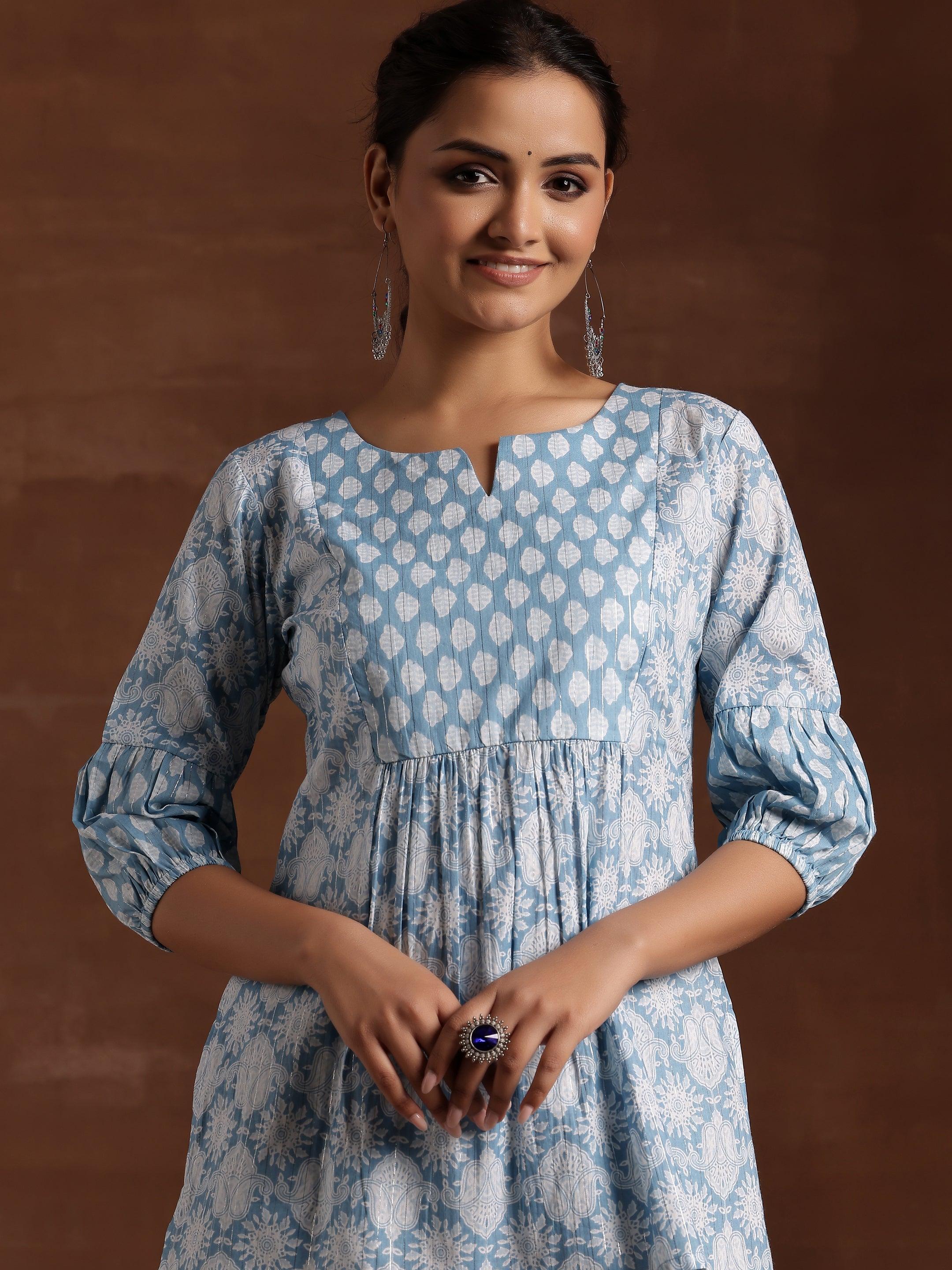 Blue Printed Cotton Straight Kurti