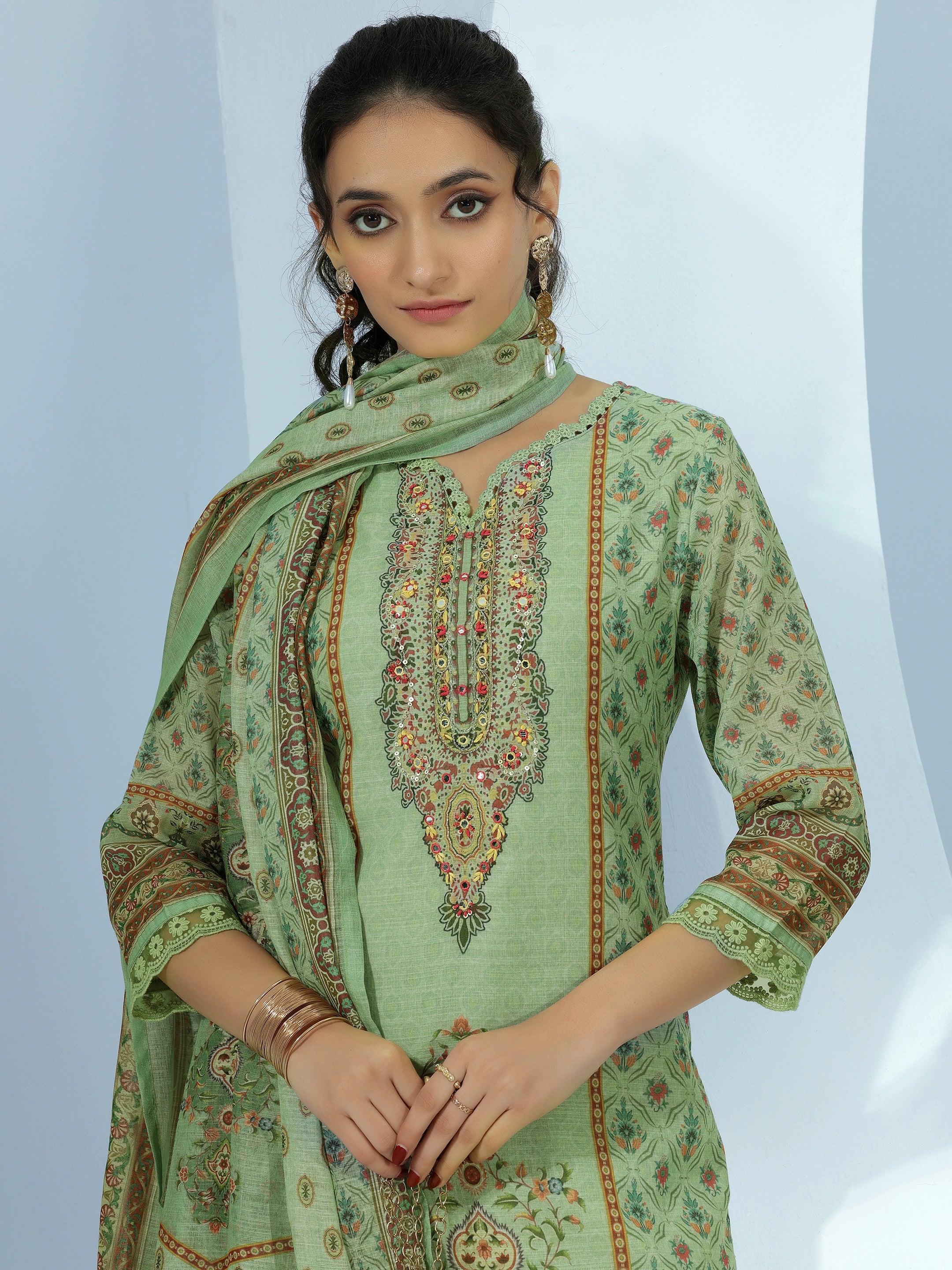 Green Printed Linen Straight Suit With Dupatta