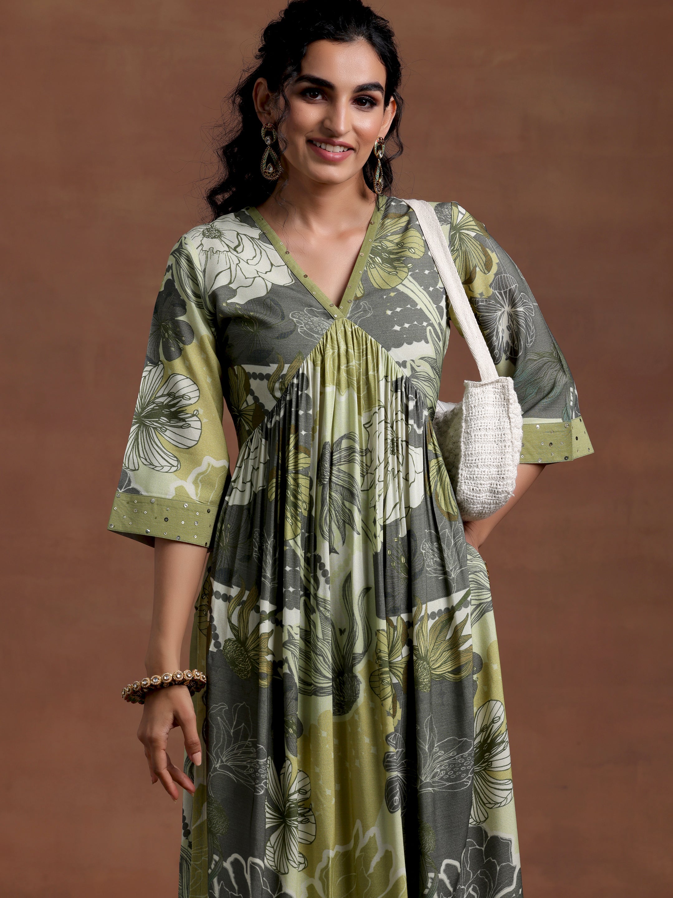 Green Printed Rayon A-Line Kurta With Trousers