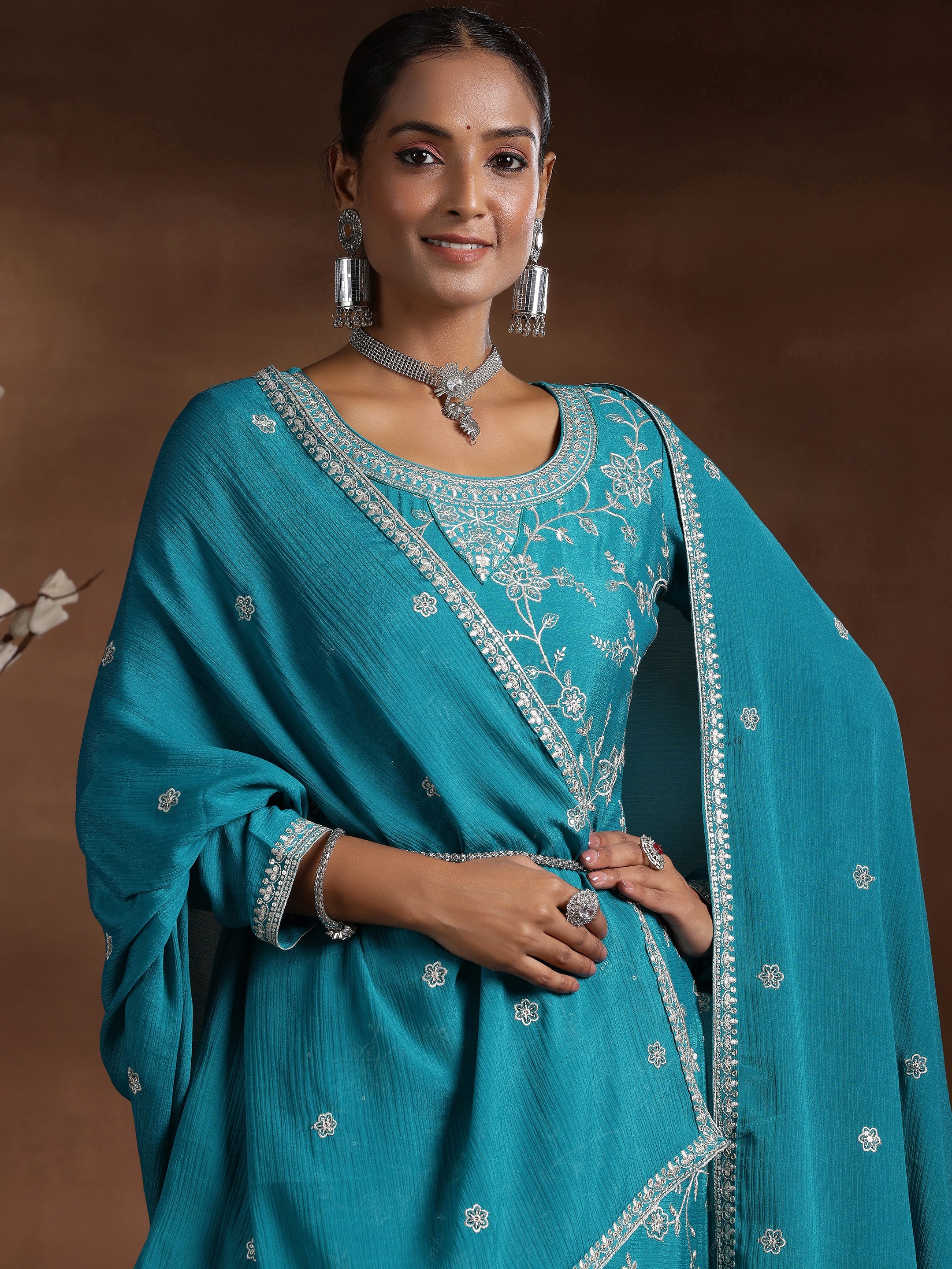 Rama Blue Embroidered Silk Blend Straight Suit With Dupatta