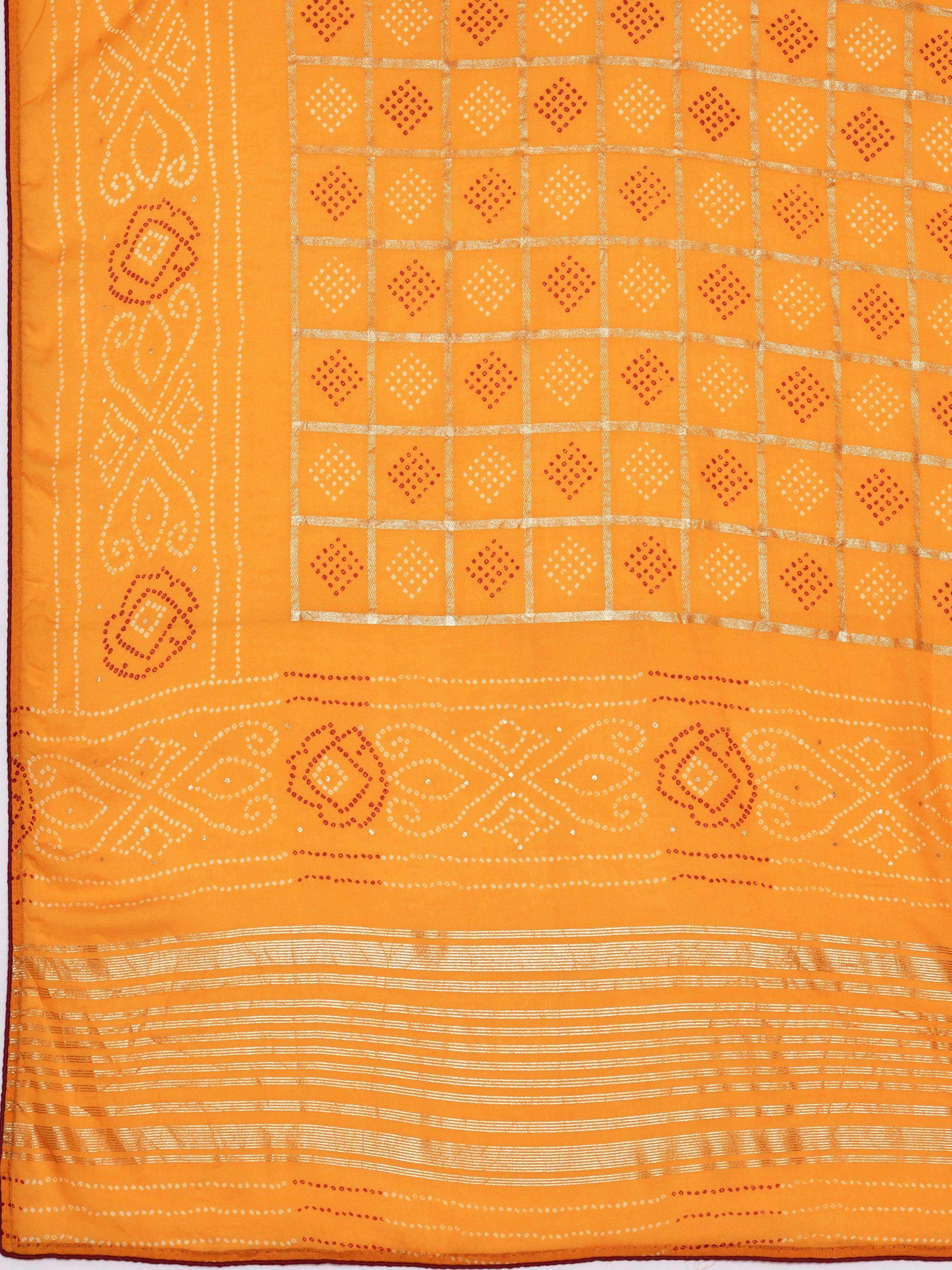 Mustard Printed Poly Georgette Saree With Unstitched Blouse Piece