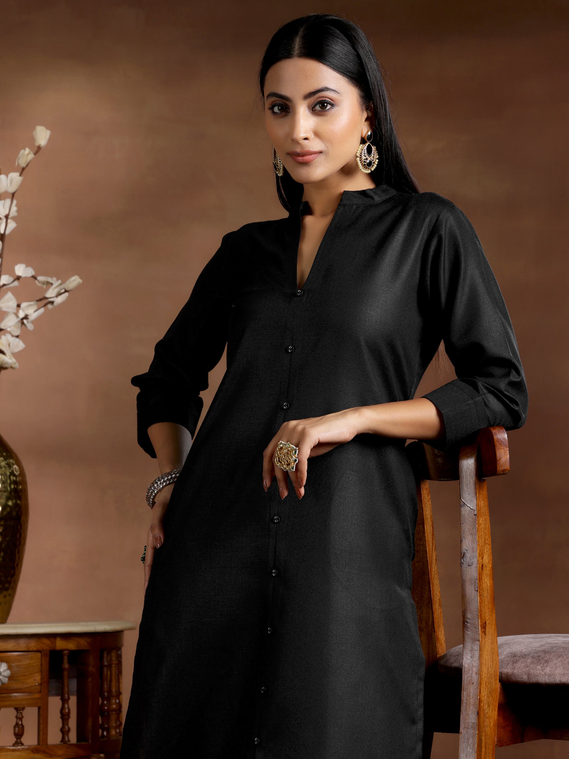 Black Solid Silk Straight Kurta