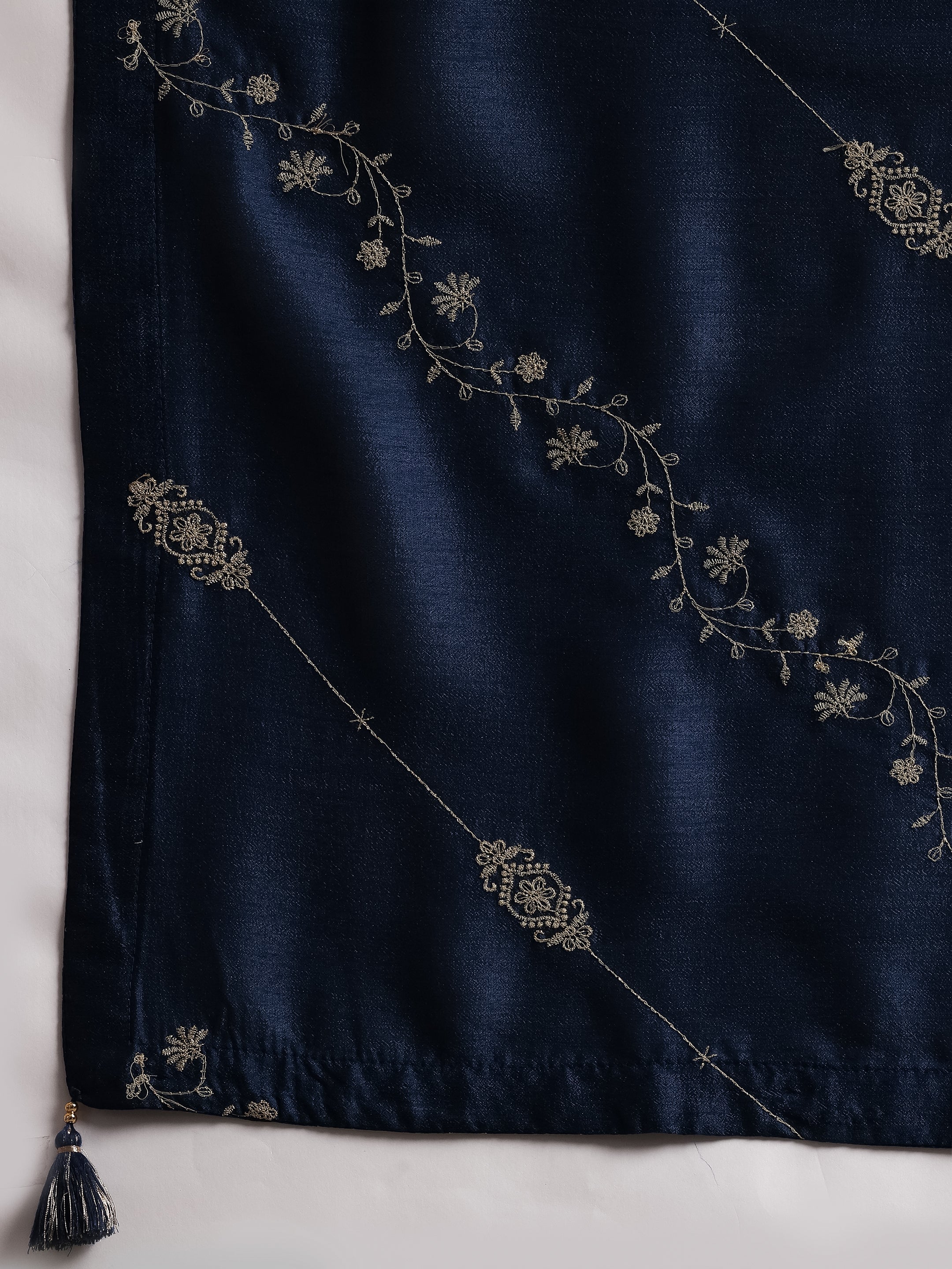 Blue Embroidered Silk Blend A-Line Kurta With Trousers & Dupatta