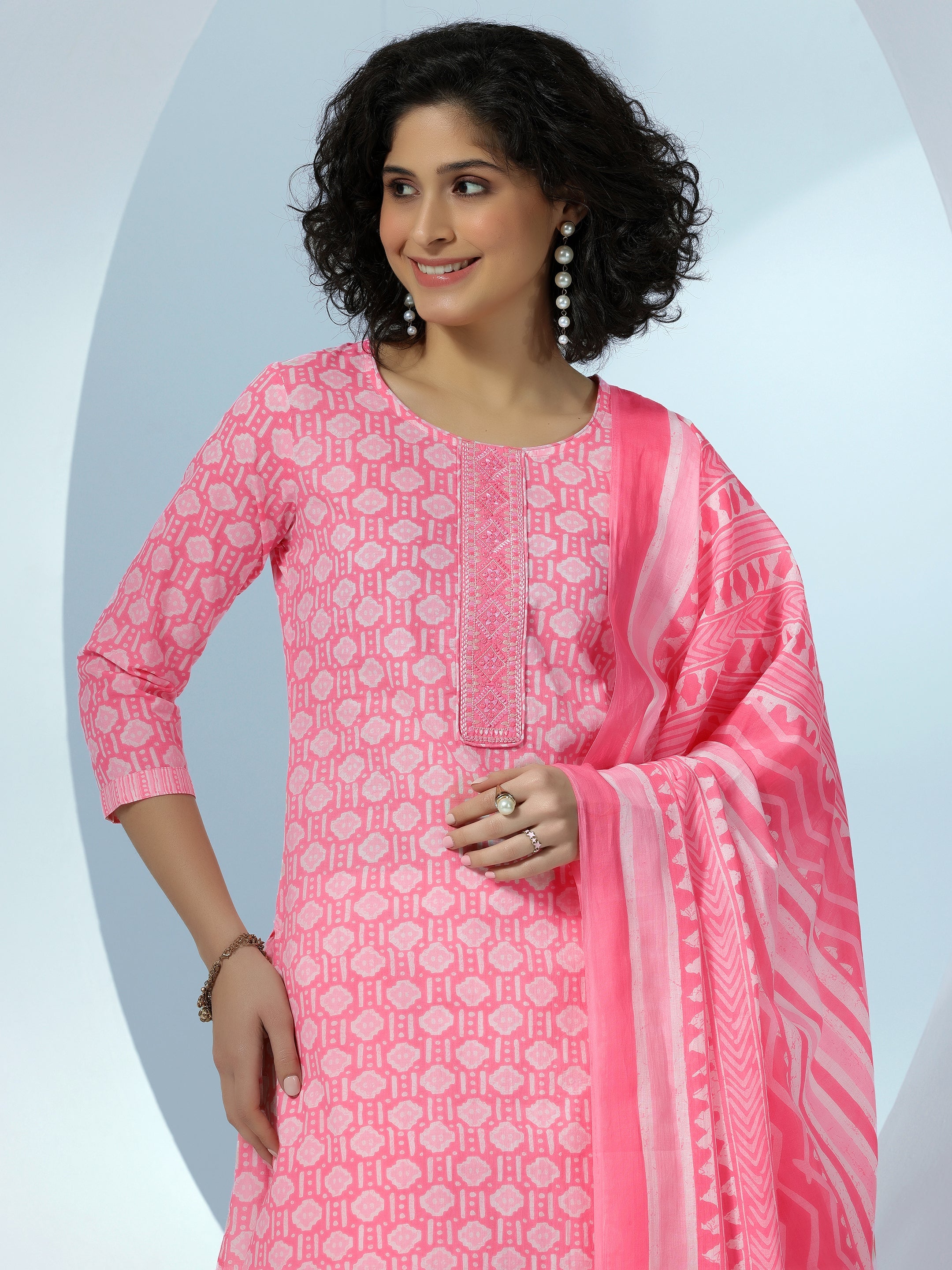 Pink Printed Cotton Straight Suit With Dupatta