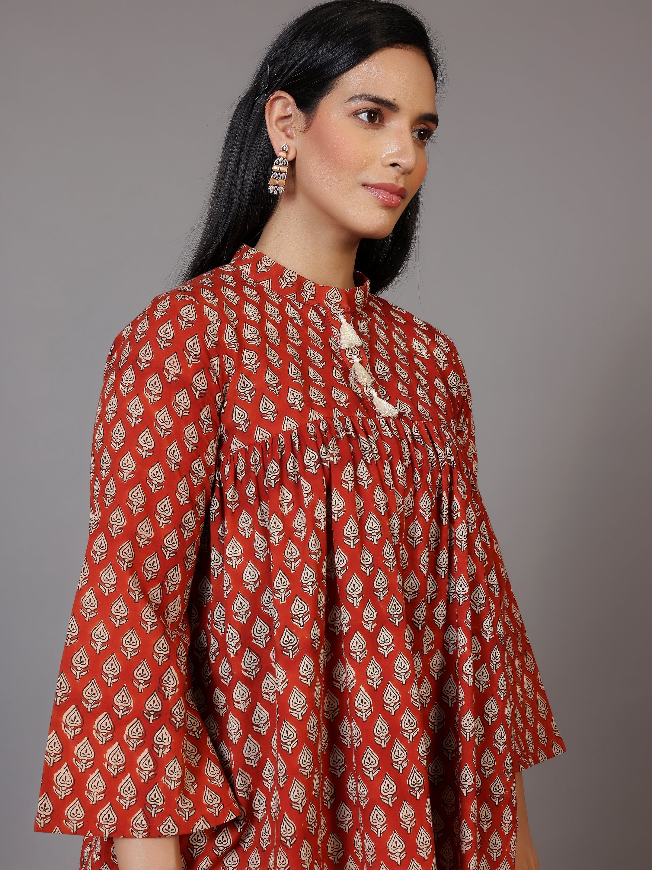 Rust Printed Cotton A-Line Kurti