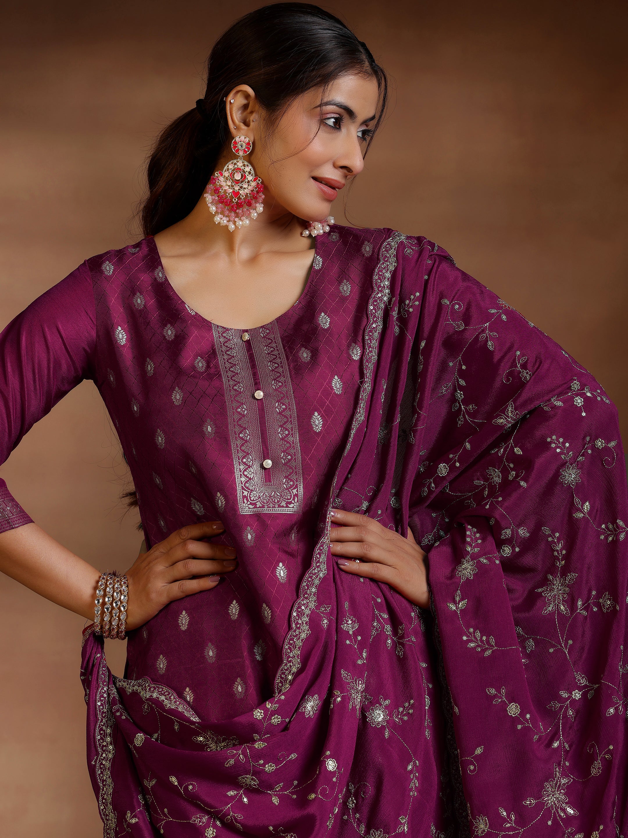 Burgundy Woven Design Silk Blend Straight Suit With Dupatta