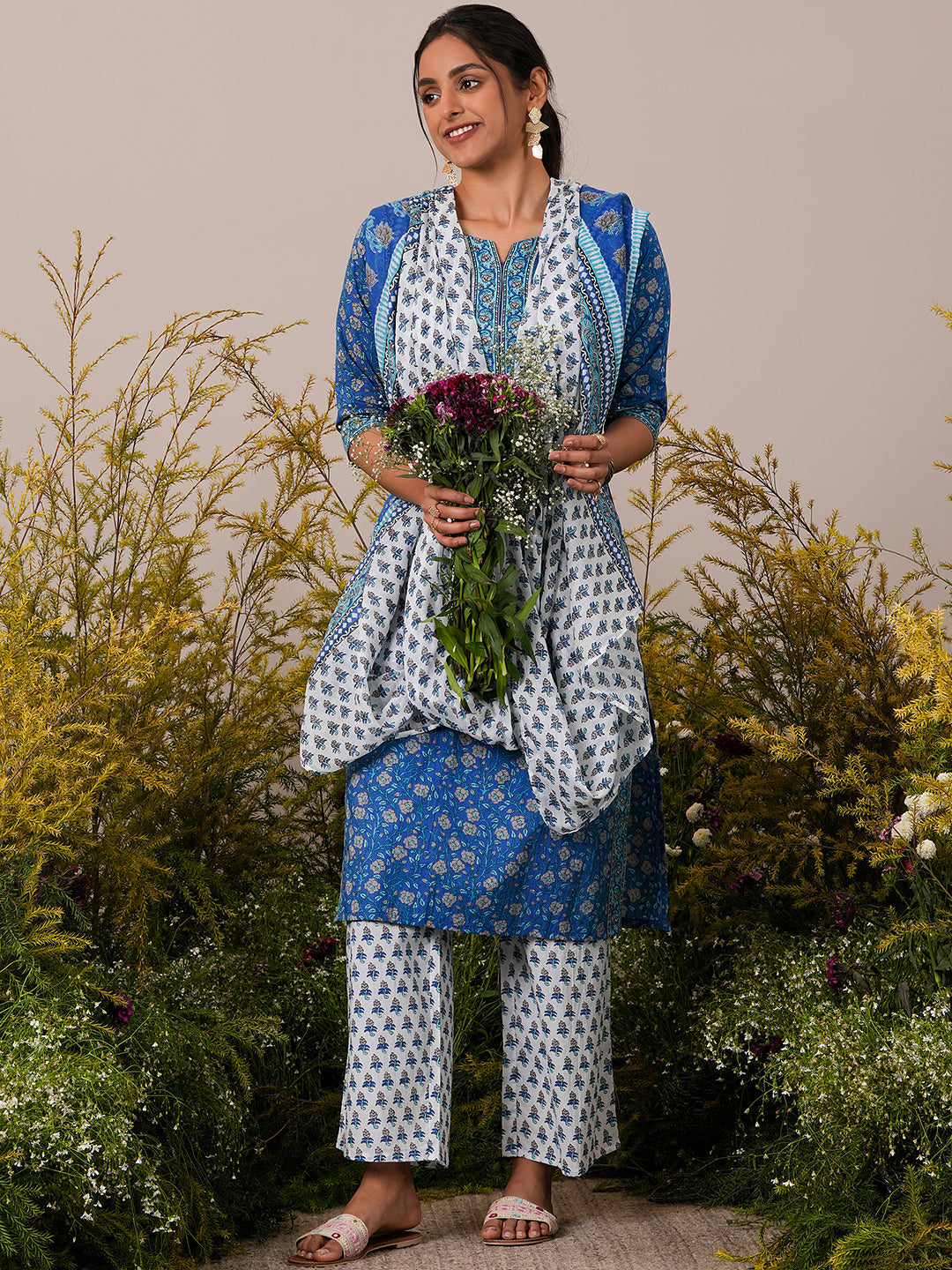 Blue Printed Cotton Straight Suit With Dupatta