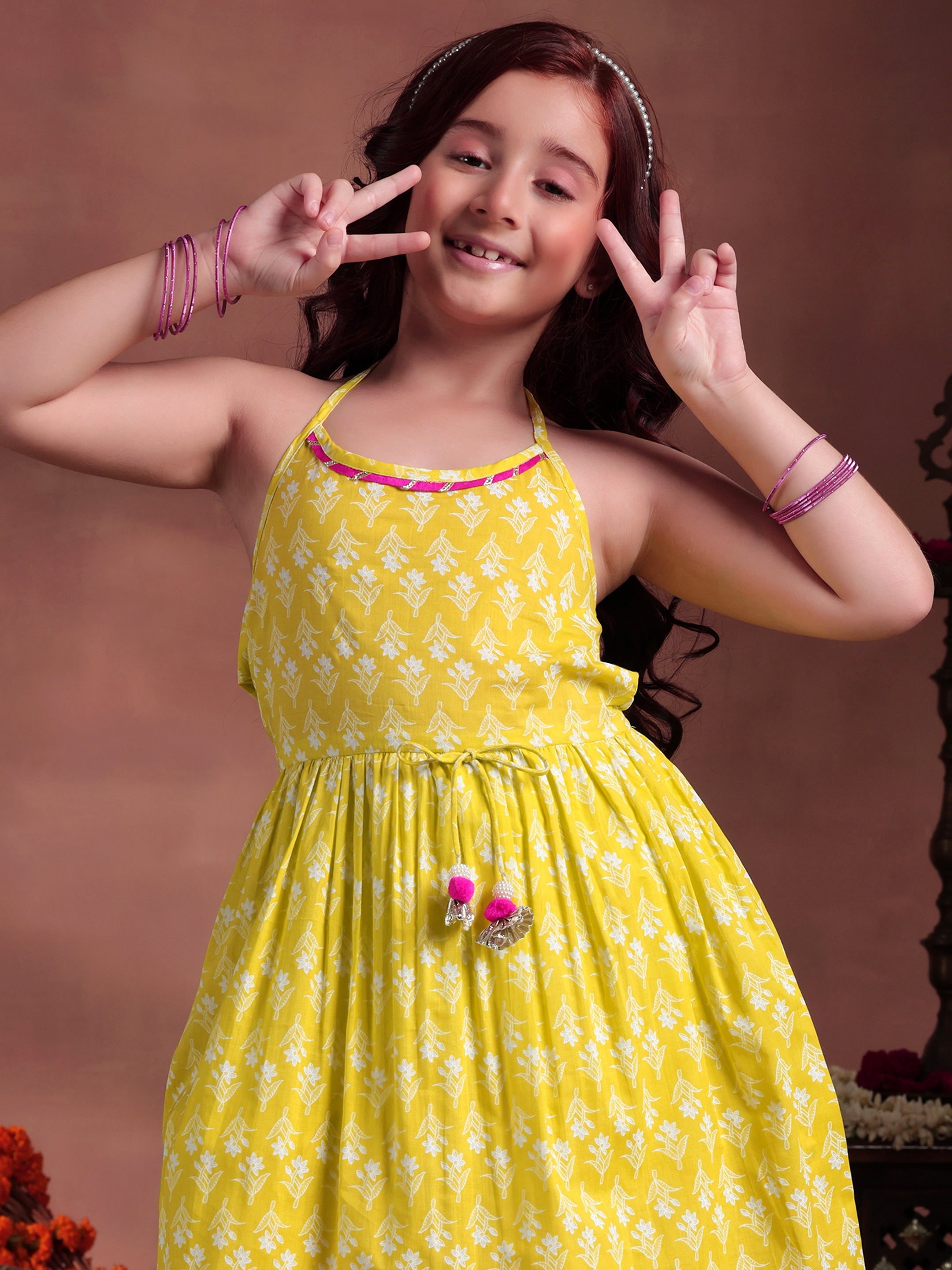 Kids Lime Green Printed Cotton A-Line Kurti With Salwar