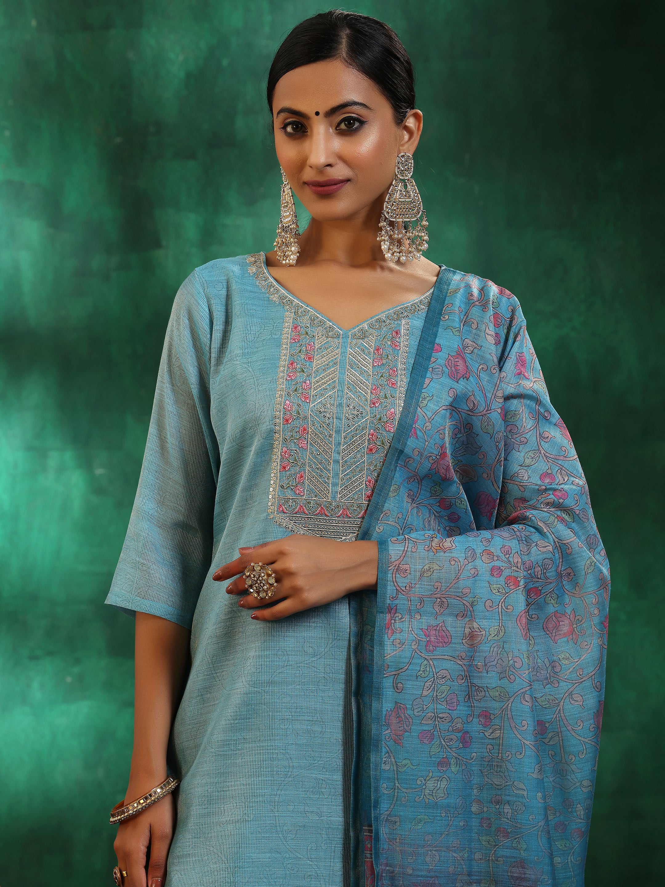 Turquoise Blue Yoke Design Silk Blend Straight Suit With Dupatta