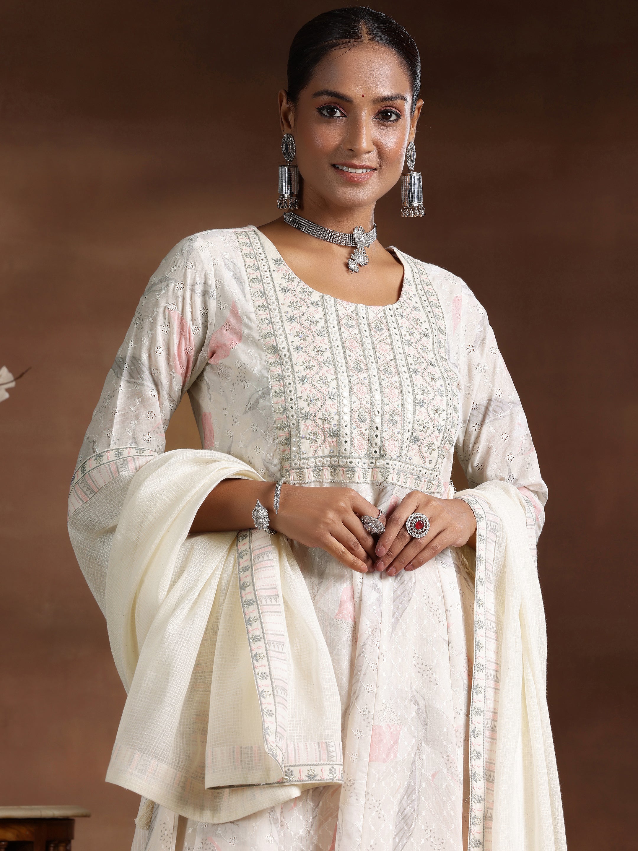 Off White Embroidered Cotton A-line Kurta  With Trousers & Dupatta