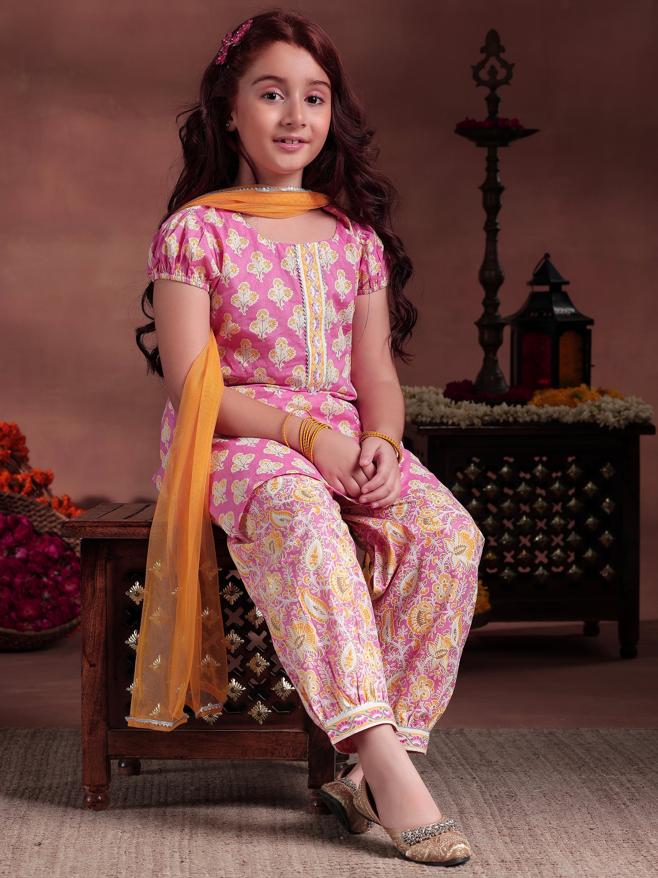 Kids Pink Printed Cotton Straight Suit With Dupatta