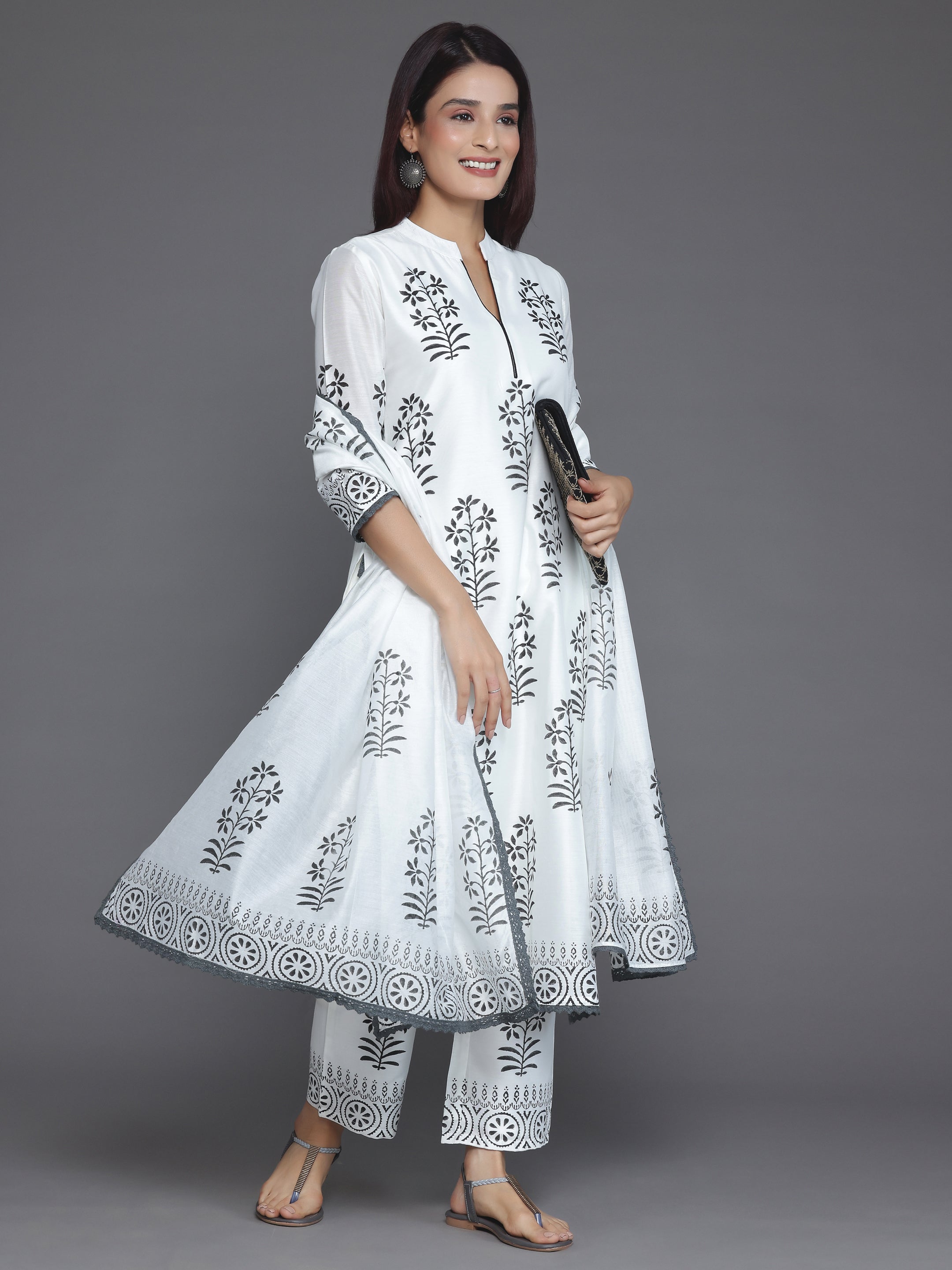 White Printed Chanderi Silk Straight Suit With Dupatta