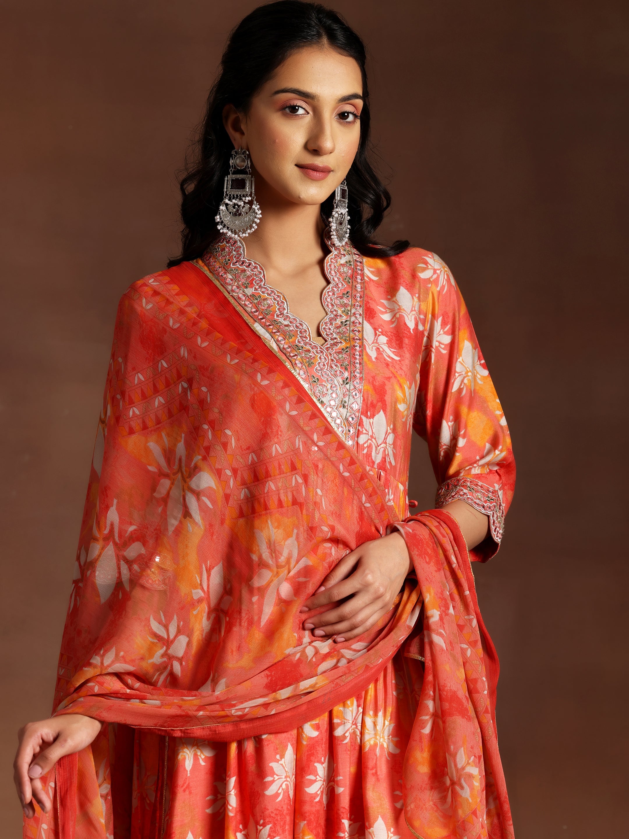 Saanjh Orange Printed Silk Blend A-Line Kurta With Palazzos & Dupatta