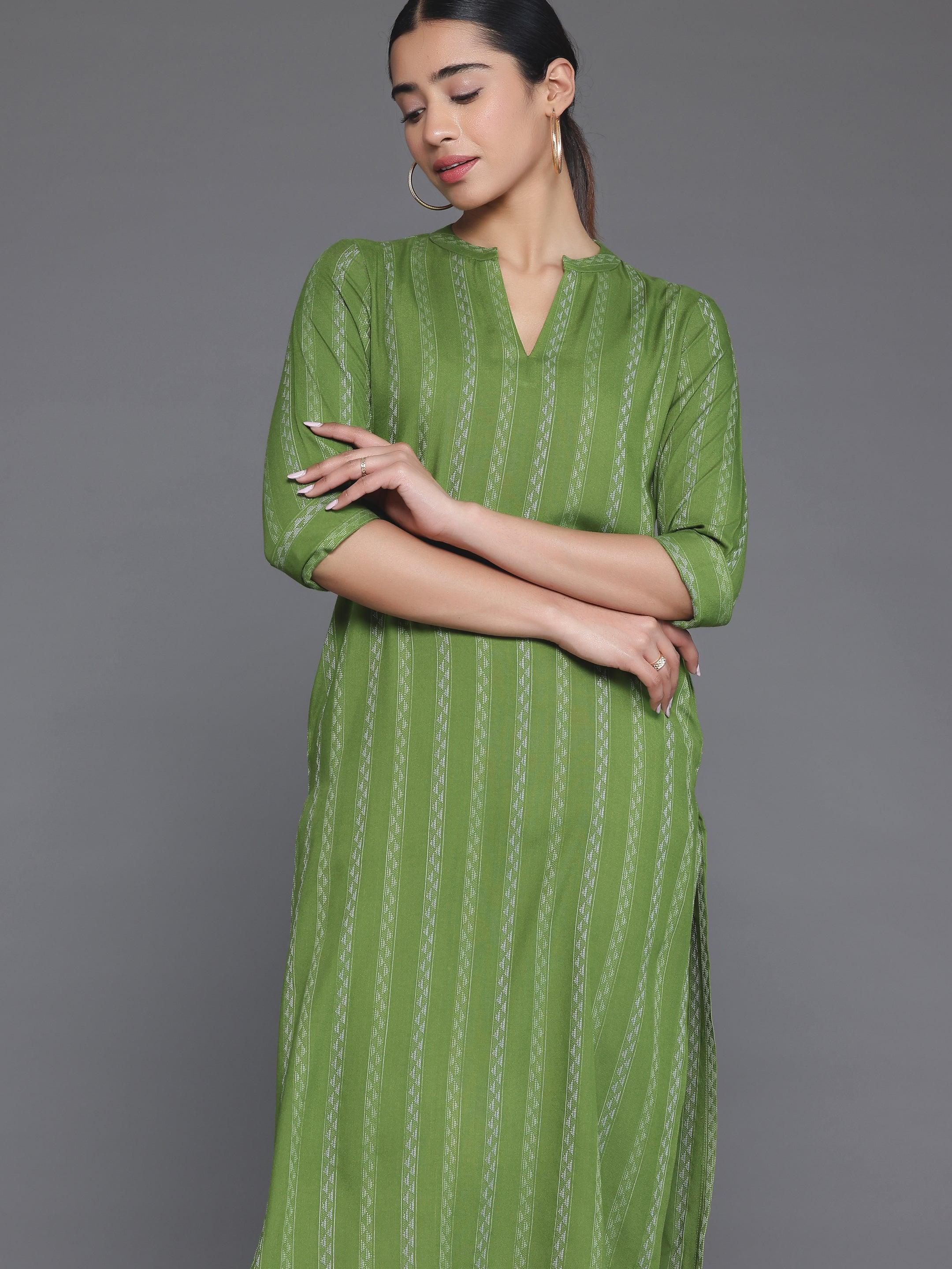 Green Striped Rayon Straight Kurta