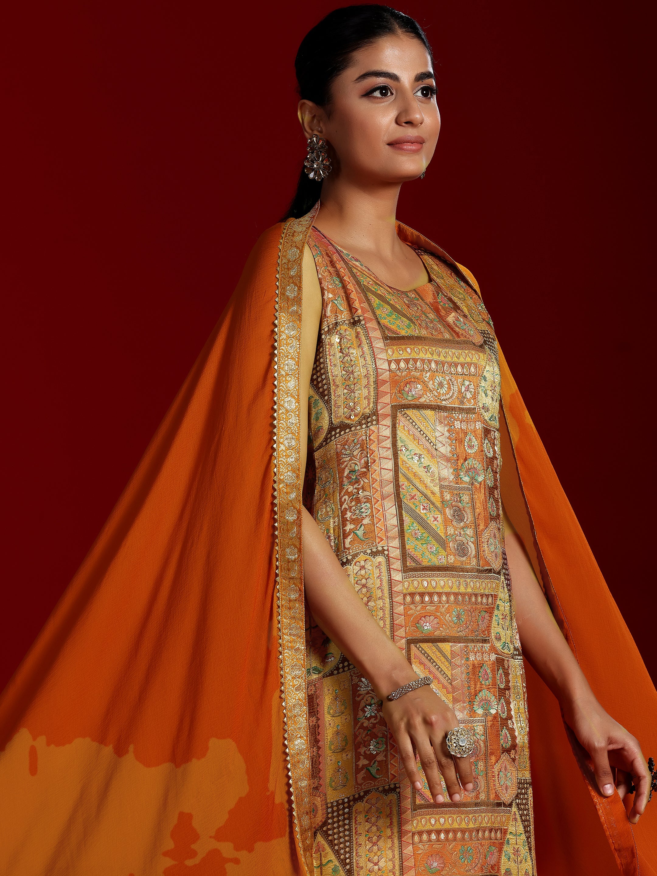 Libas Art Orange Woven Design Silk Blend Straight Suit With Dupatta