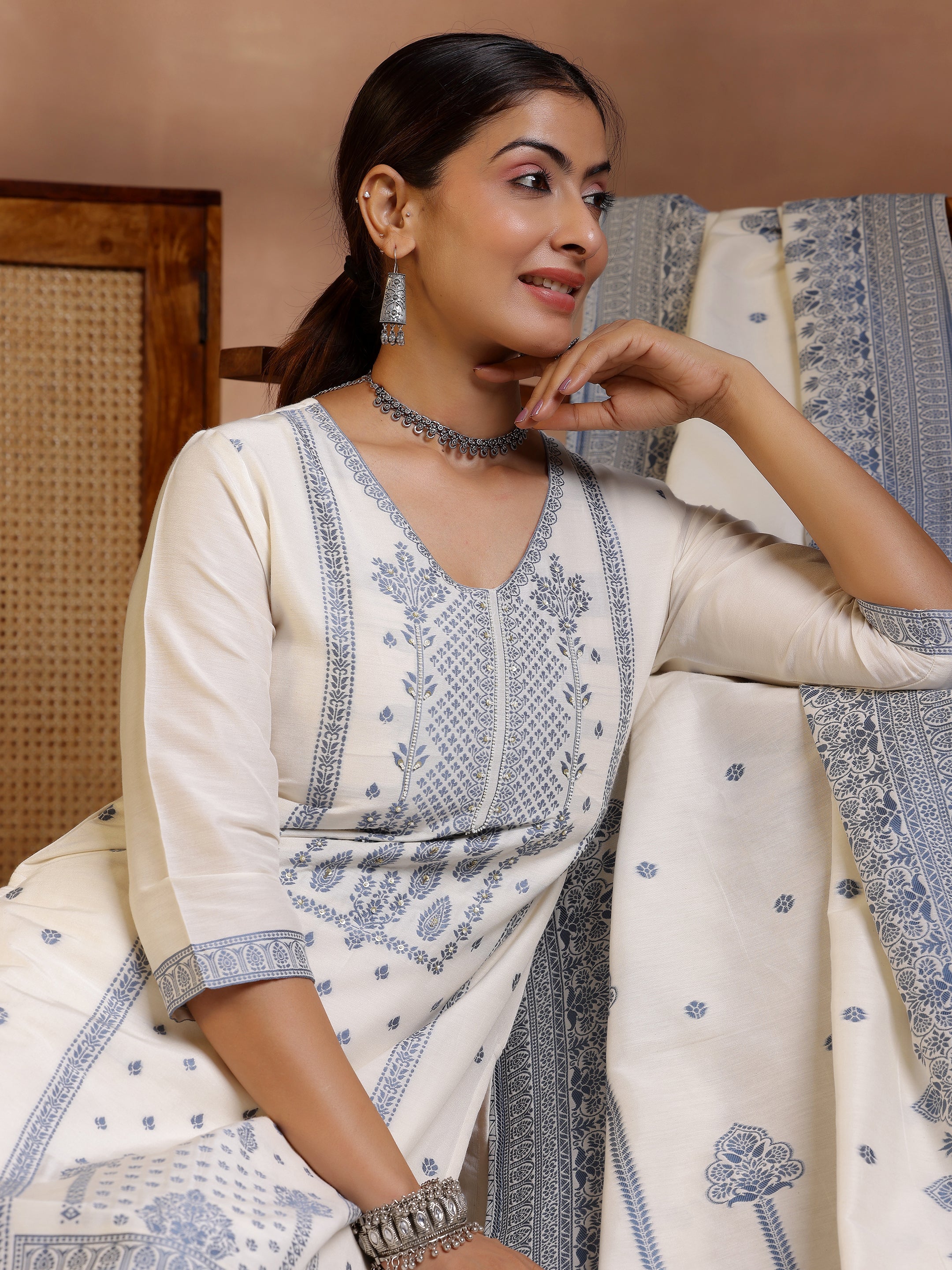 Off White Woven Design Chanderi Silk Straight Suit With Dupatta