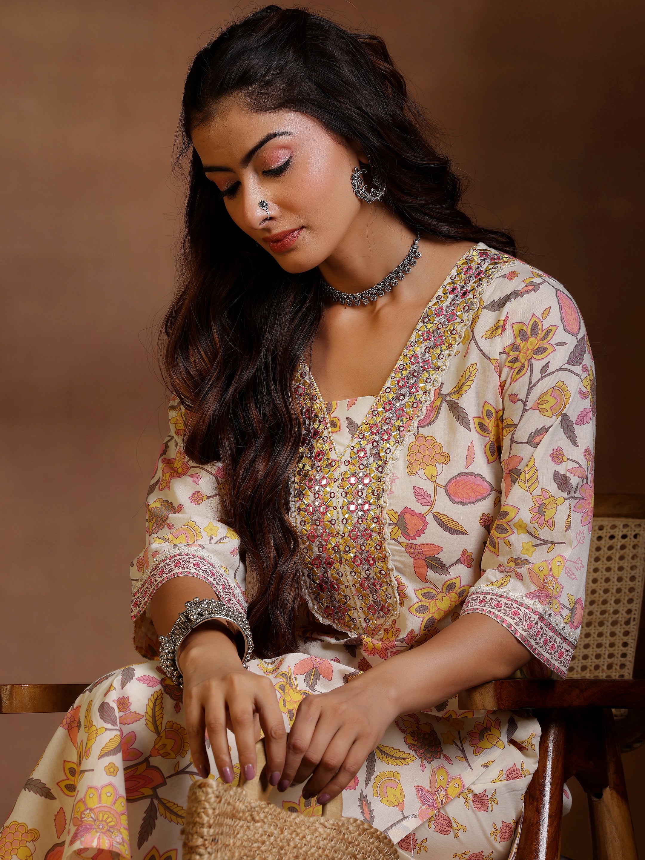 Off white Printed Cotton Straight Kurta With Palazzos