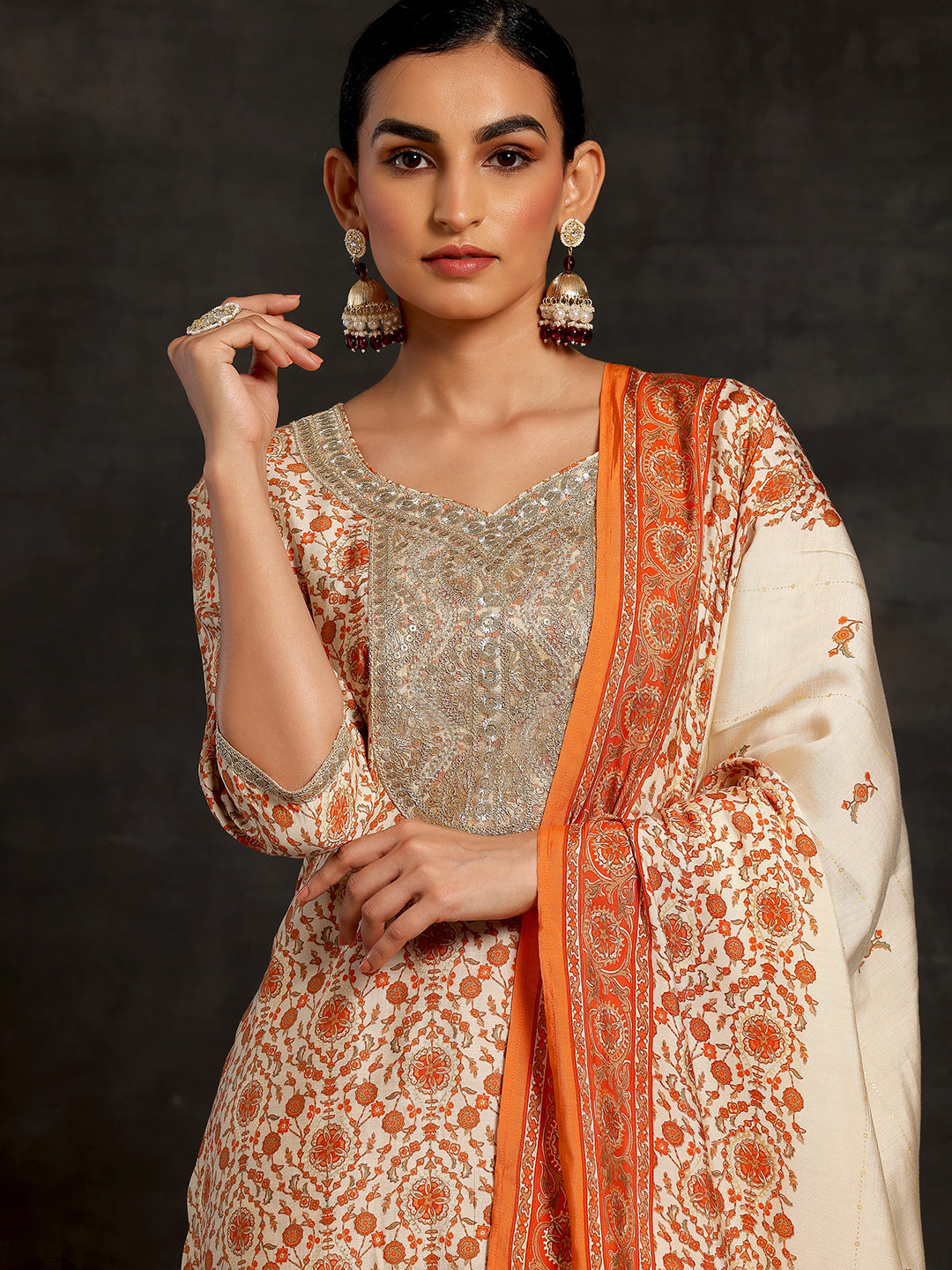 Beige Printed Silk Blend Straight Suit With Dupatta