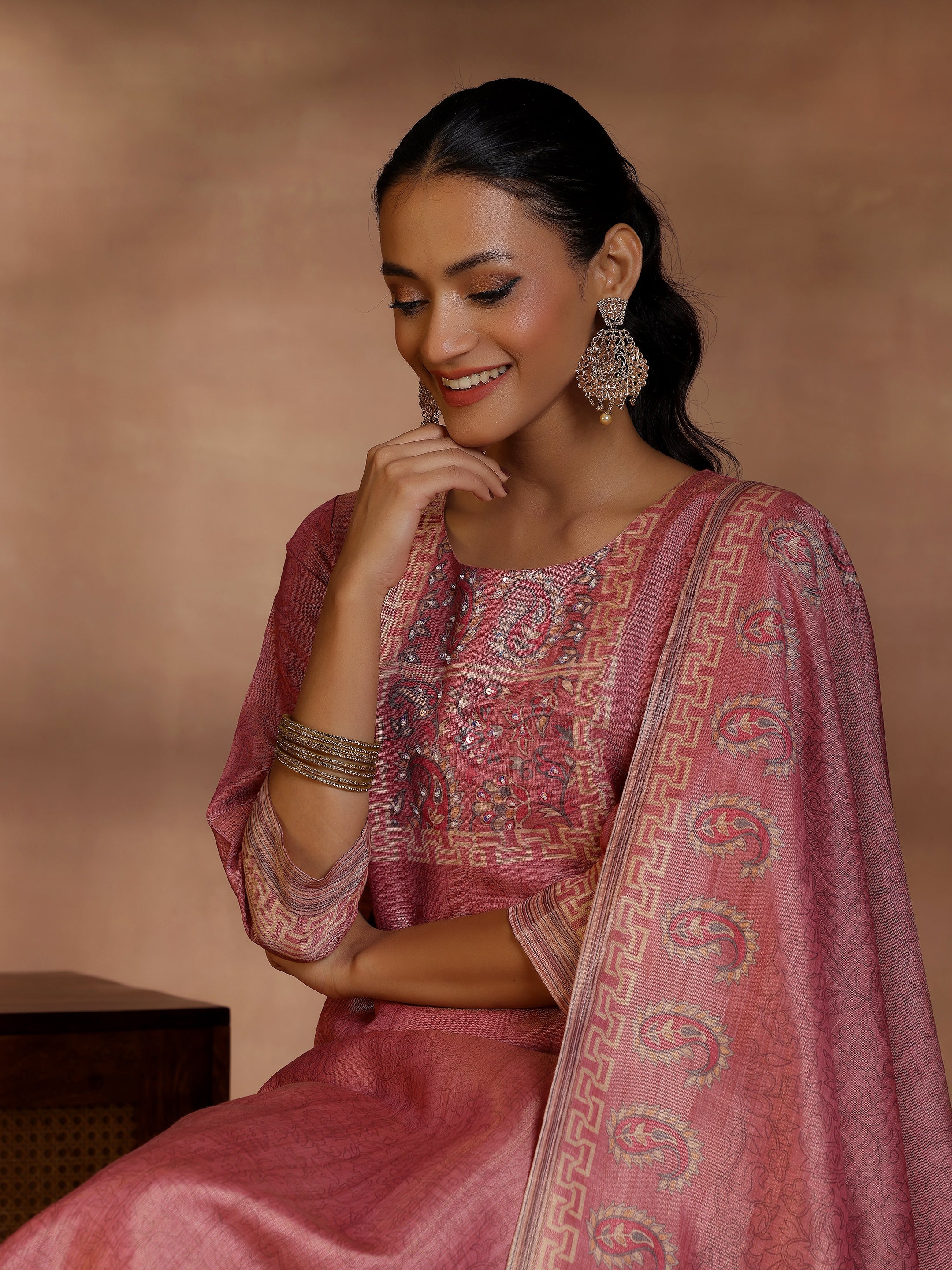 Pink Printed Silk Straight Suit With Dupatta