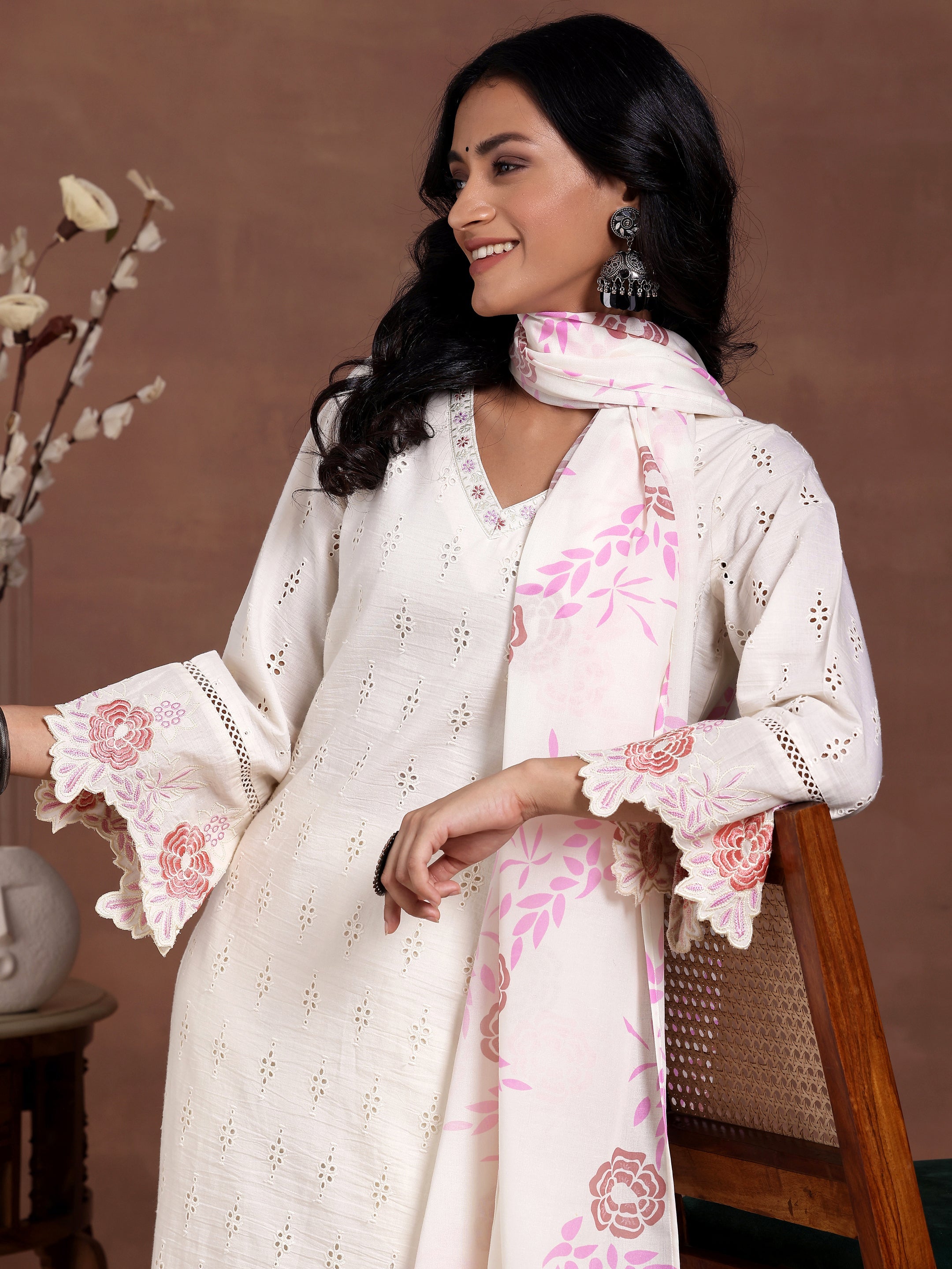 Off white Self Design Cotton Straight Suit With Dupatta