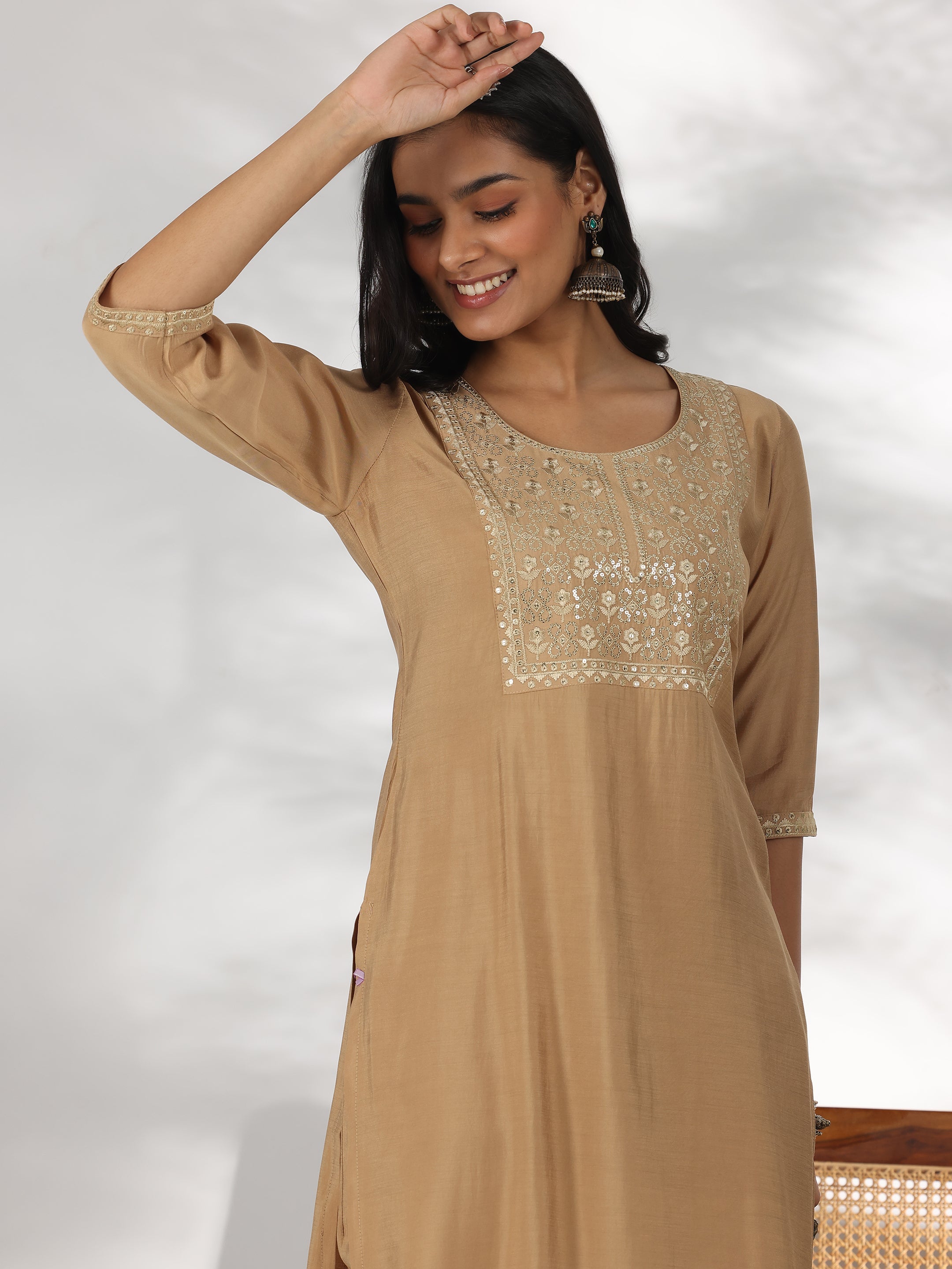 Beige Yoke Design Silk Blend Straight Kurta Set